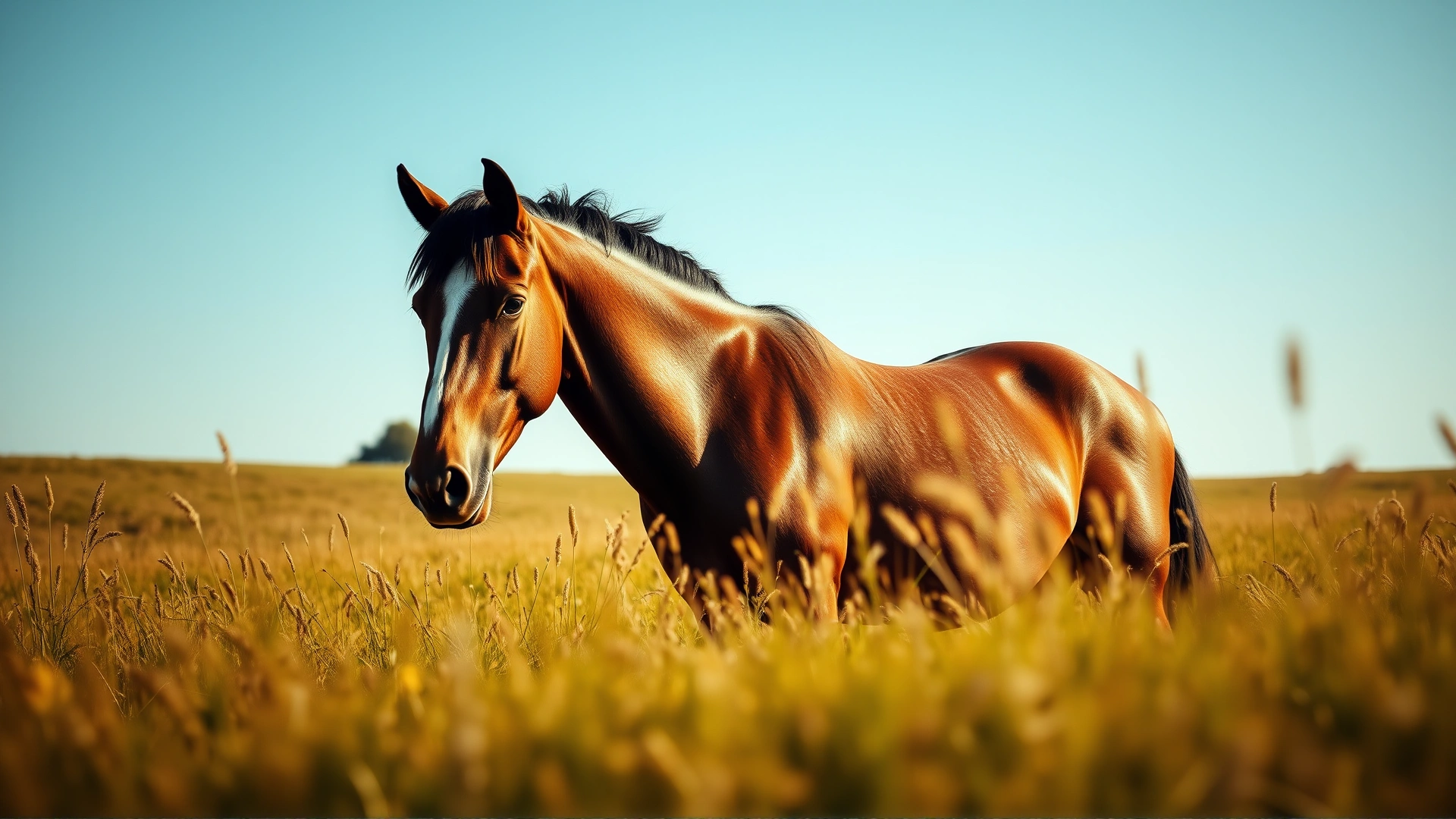Healthy horse peacefully grazing in a sunlit meadow, symbolizing successful treatment outcome