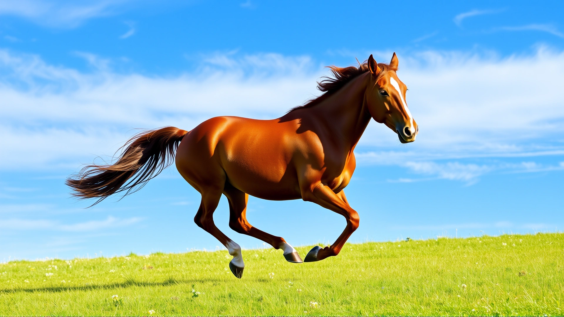 A healthy bay horse galloping freely across a lush green pasture under a bright blue sky