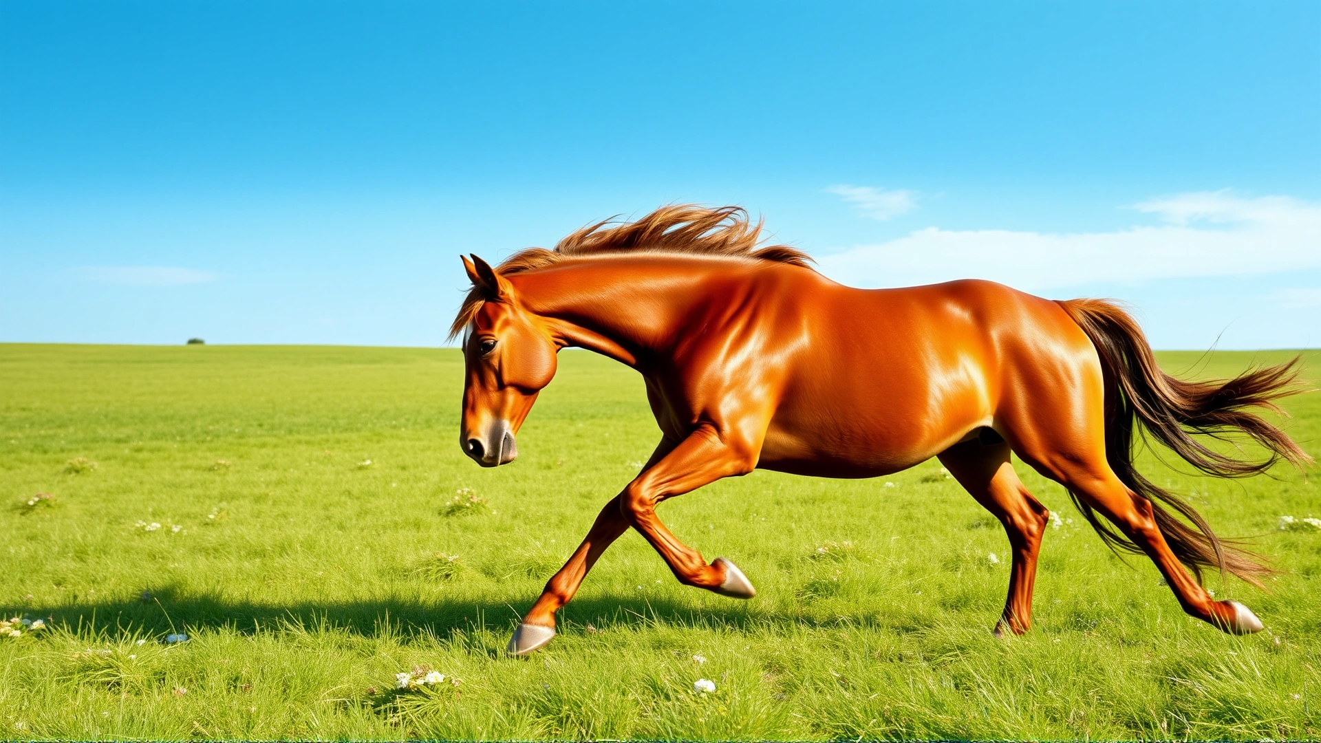 Energetic chestnut horse galloping freely across a green meadow under a clear blue sky, vivid colors, no text