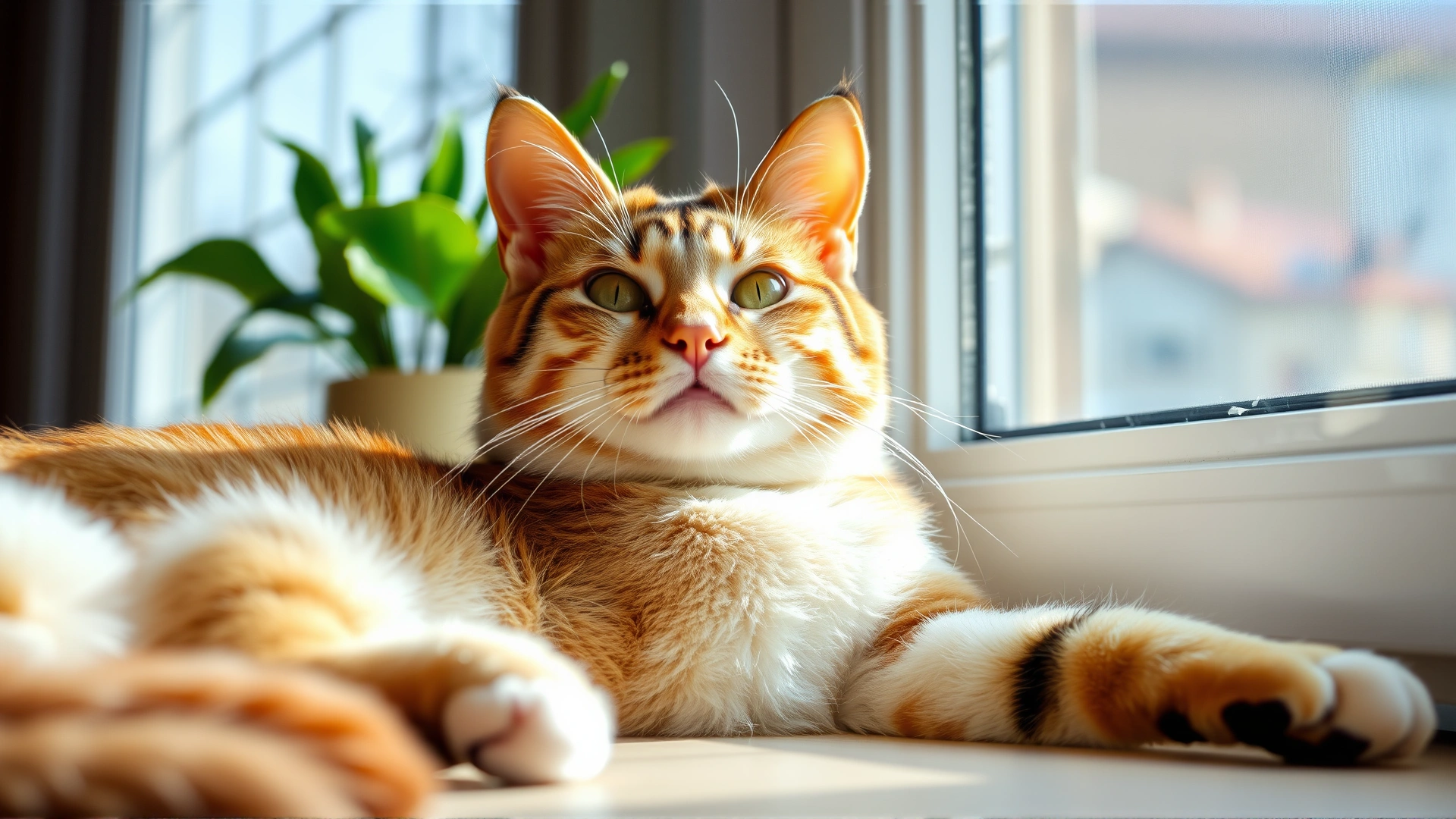 Healthy indoor cat lounging by a sunlit window, looking relaxed and content, representing successful prevention and recovery