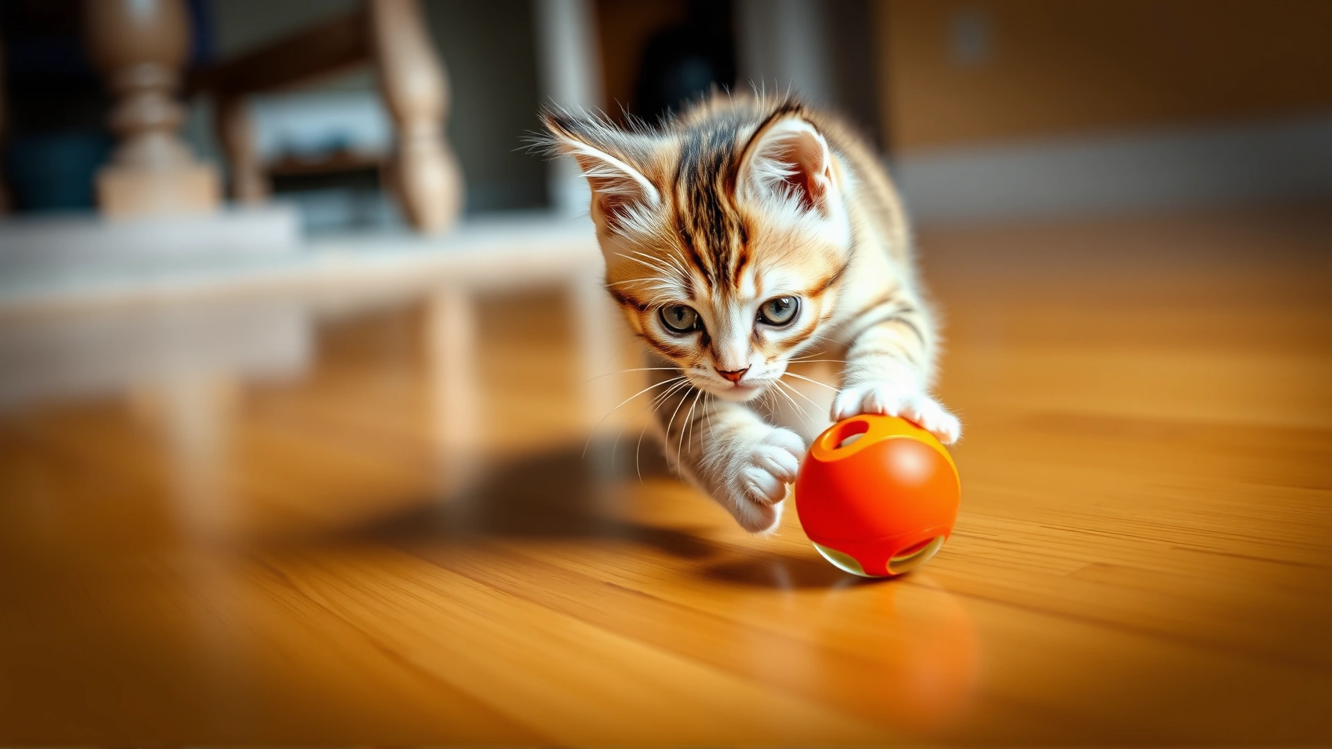 An energetic kitten chasing a small ball on a hardwood floor, motion blur on the toy, vibrant colors, no text.