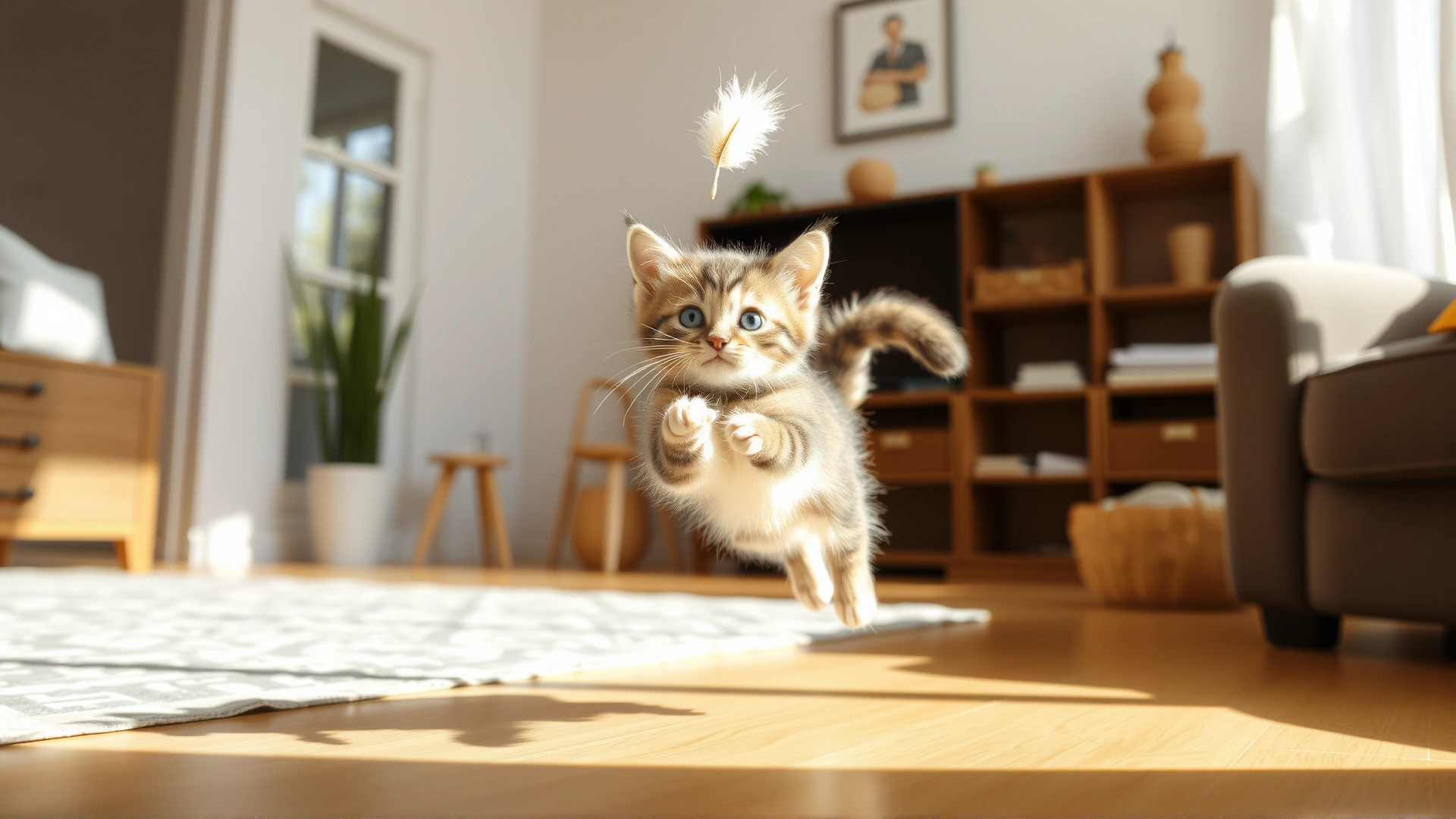 A healthy energetic kitten jumping and playing with a feather toy in a bright living room