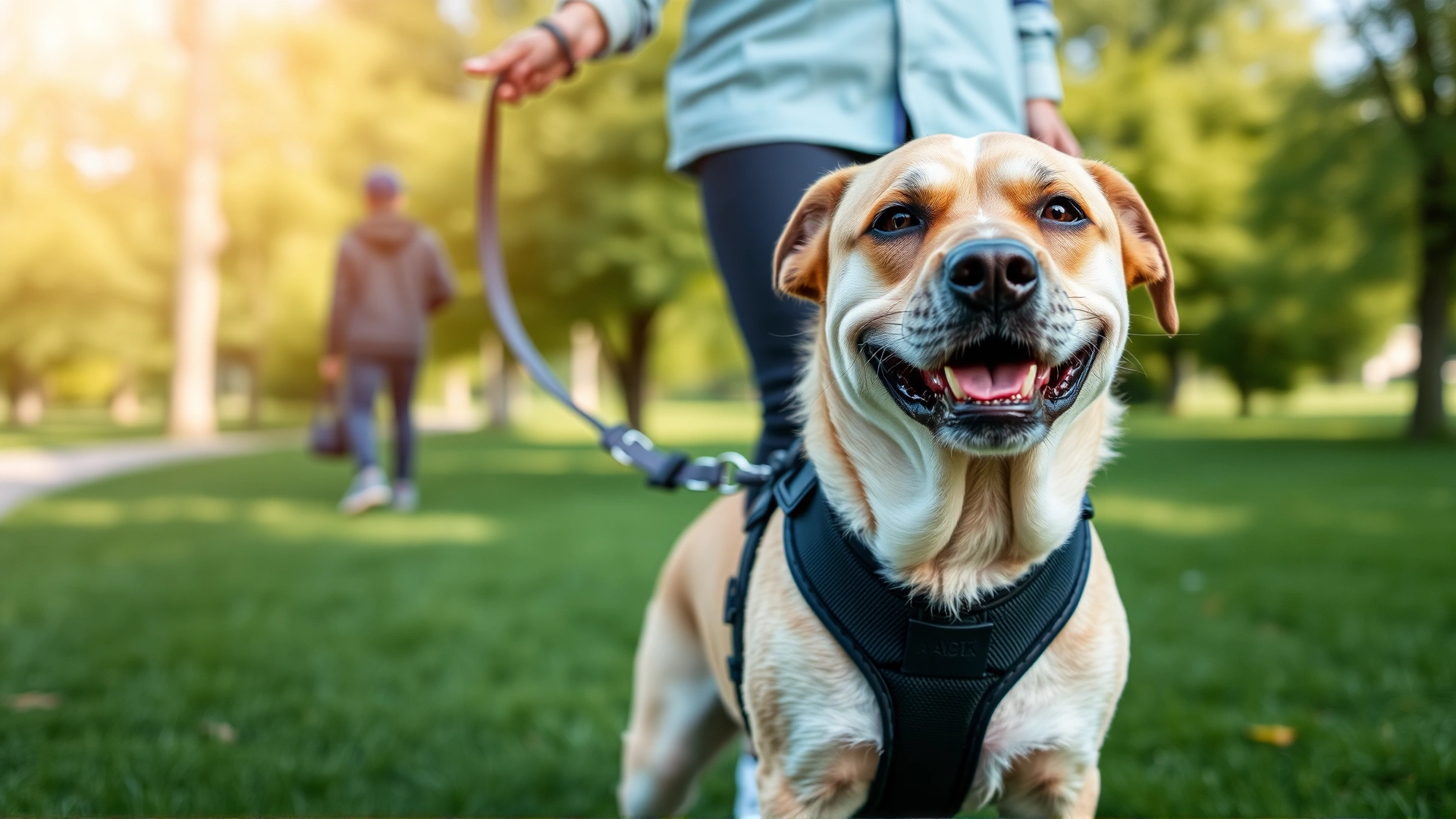A recovered dog in a comfortable harness enjoying a gentle walk with its owner in a green park, reflecting positive lifestyle management.