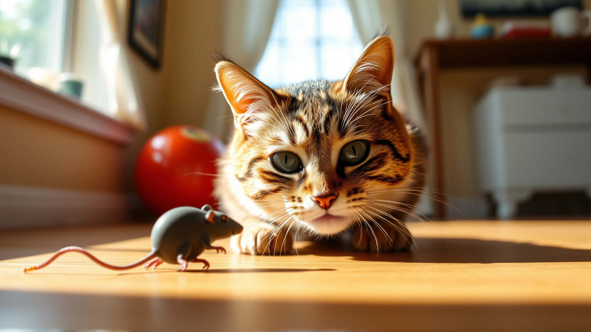 Playful one-eyed cat batting at a toy mouse, sunlit room, shallow depth of field, crisp high-resolution photo.