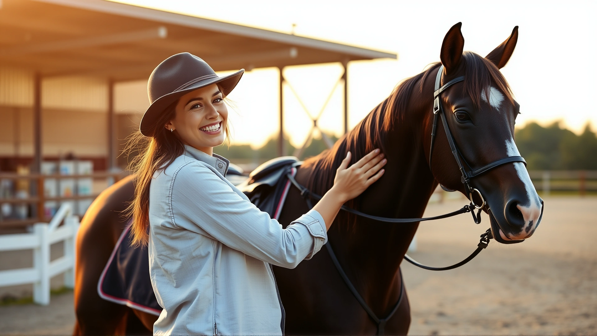 Smiling female rider in casual attire hugging her Hanoverian horse in an outdoor arena at sunset.
