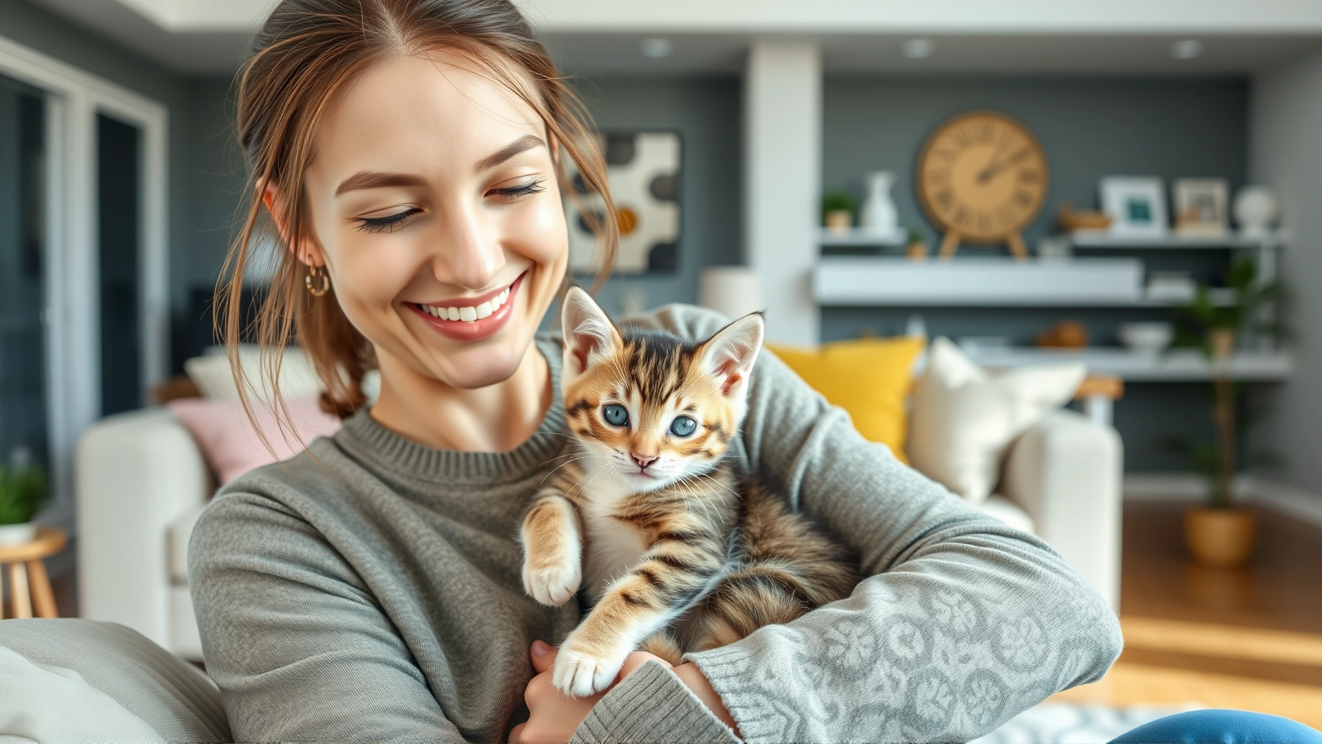Smiling young woman cuddling a healthy kitten in a bright living room, expressing peace of mind after securing insurance