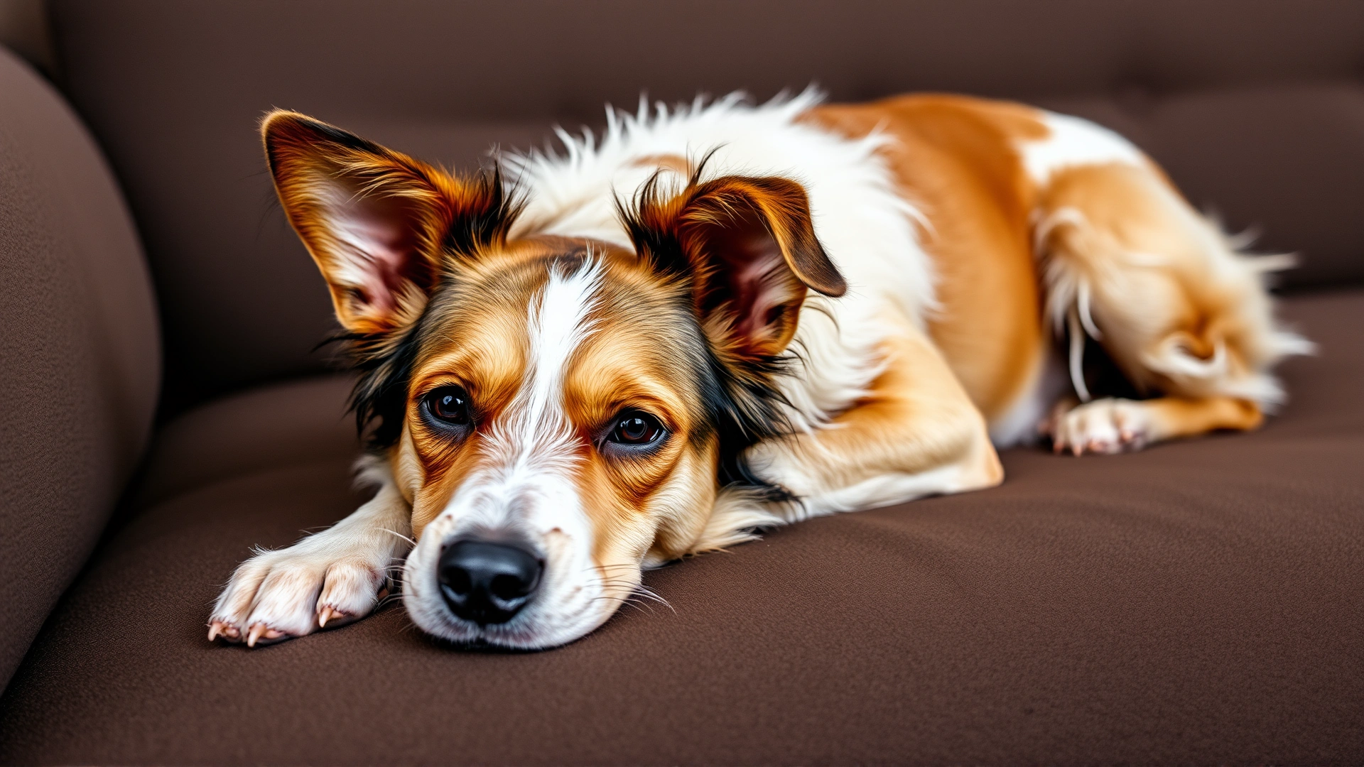 Content dog relaxing on a couch after grooming session, ears perked up and looking clean.