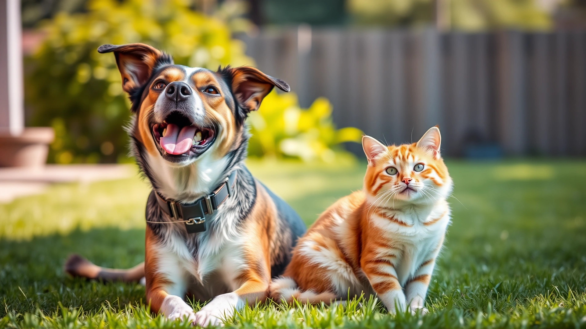 Healthy dog and cat sitting together in a sunny backyard, both looking energetic and content, green grass and soft focus background, no text