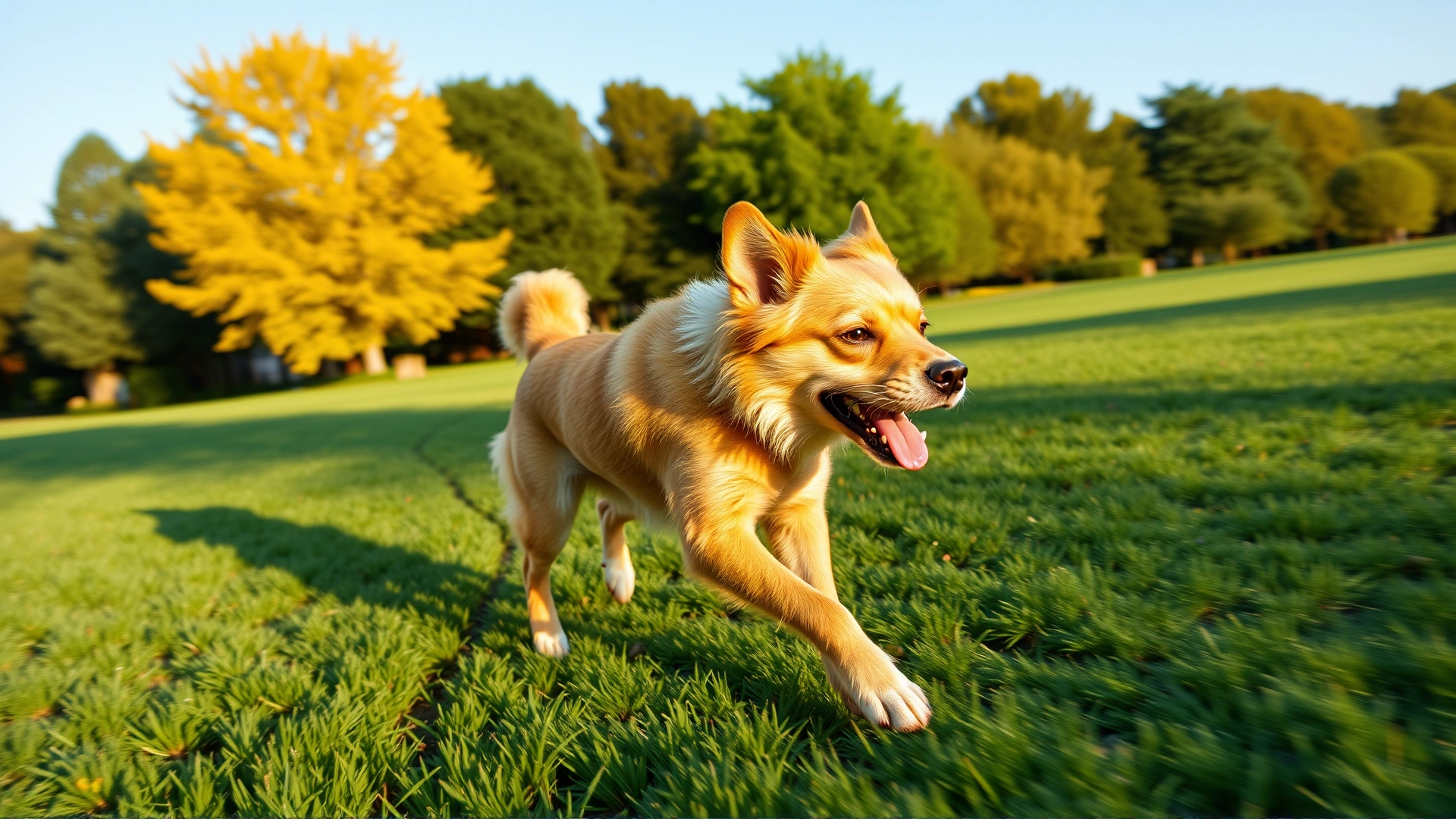 Energetic, healthy dog running through a sunny green park showing vitality and wellness