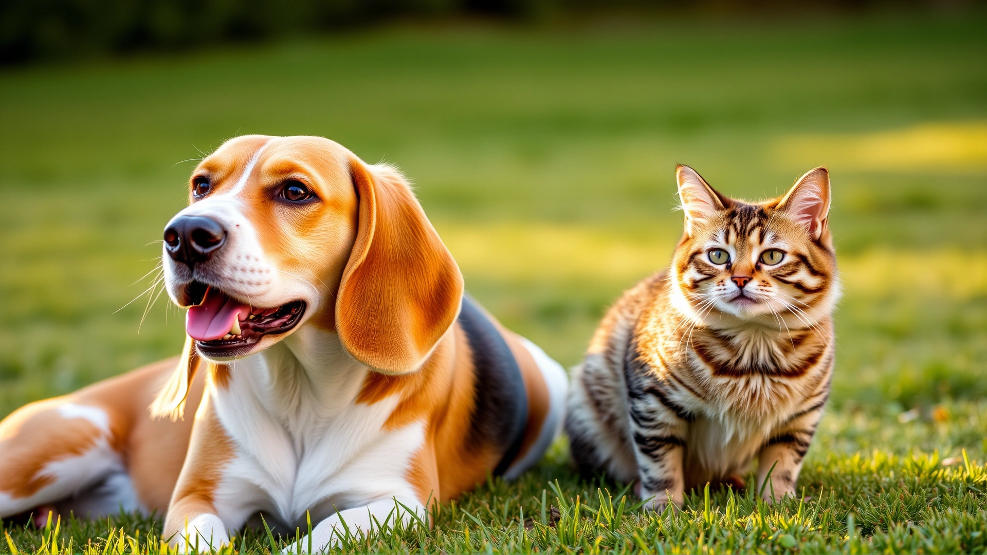 Healthy, playful beagle and domestic short-hair cat sitting together on a lawn, looking energetic and content in golden afternoon light.