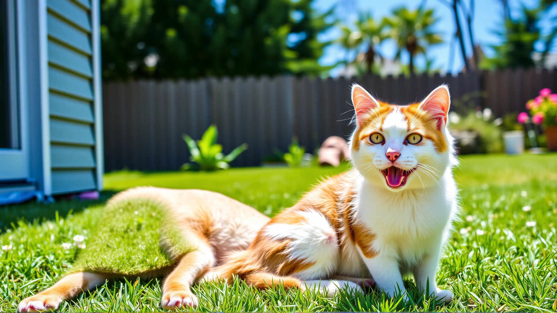 Healthy dog and cat sitting side by side in a sunny backyard looking relaxed and playful, vibrant colors, no text