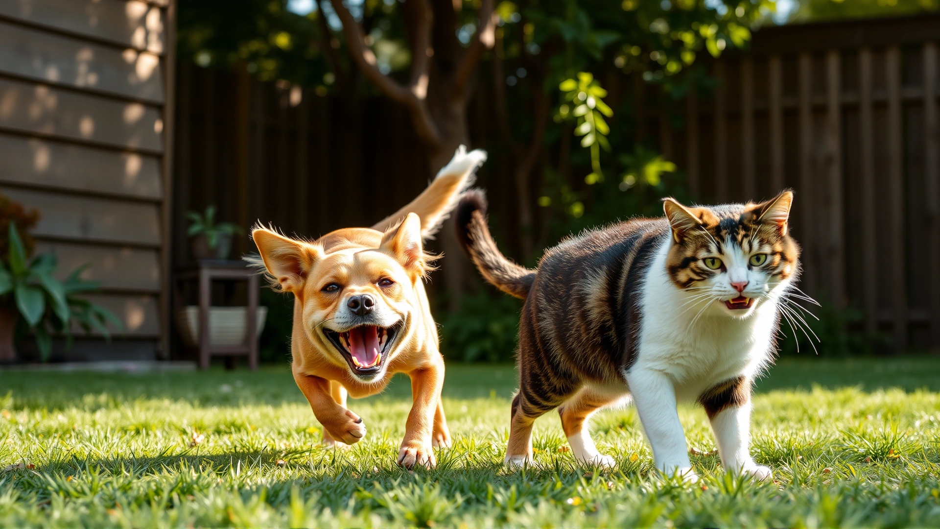 Energetic dog and relaxed cat playing together in a sunlit backyard, both looking healthy and active.