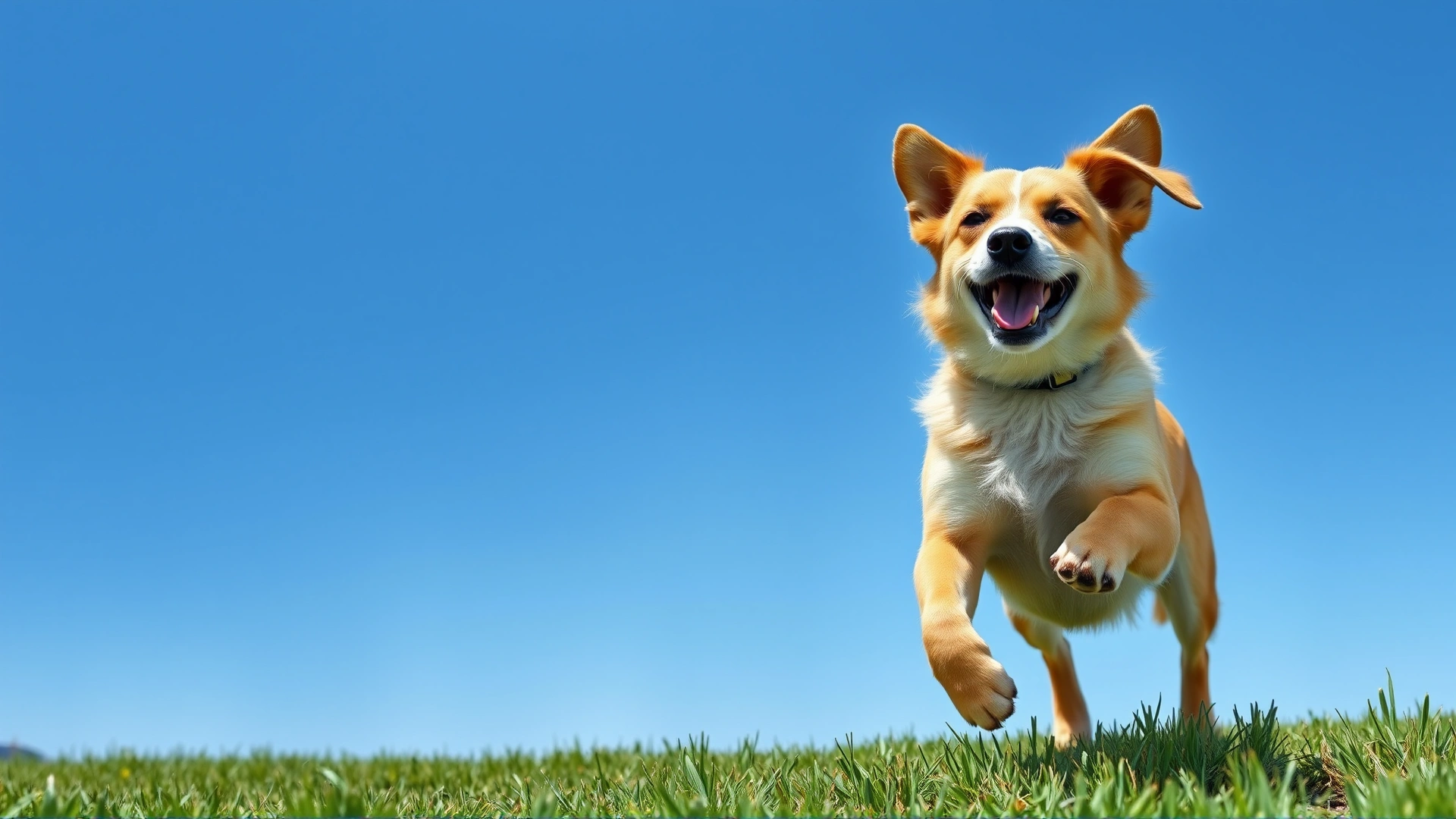 Playful dog running on green grass under blue sky, symbolizing improved energy and breathing