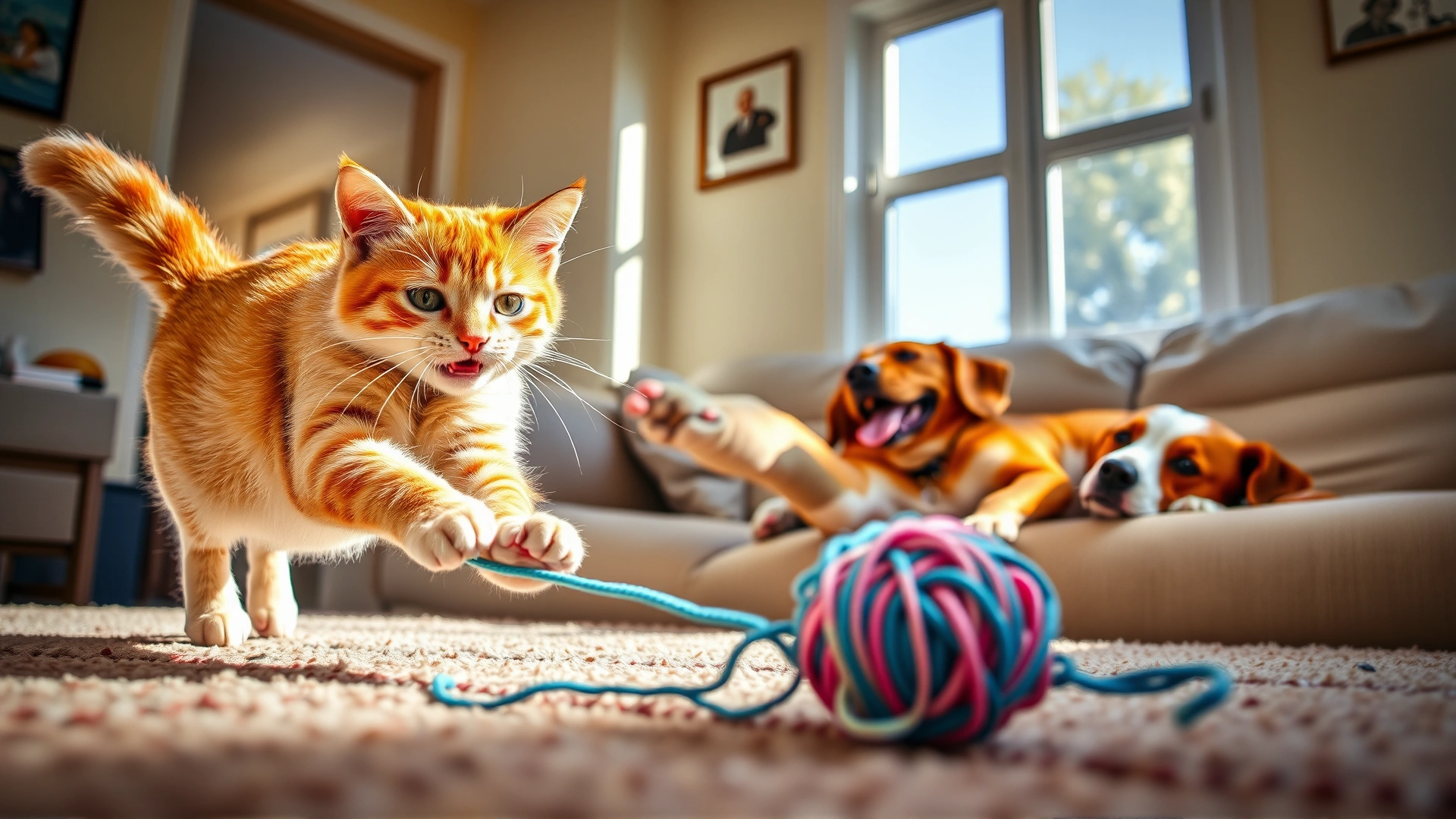 Playful scene of a cat chasing a ball of yarn while a dog lies contentedly nearby on a couch in a sunlit living room; bright colors, cheerful mood.