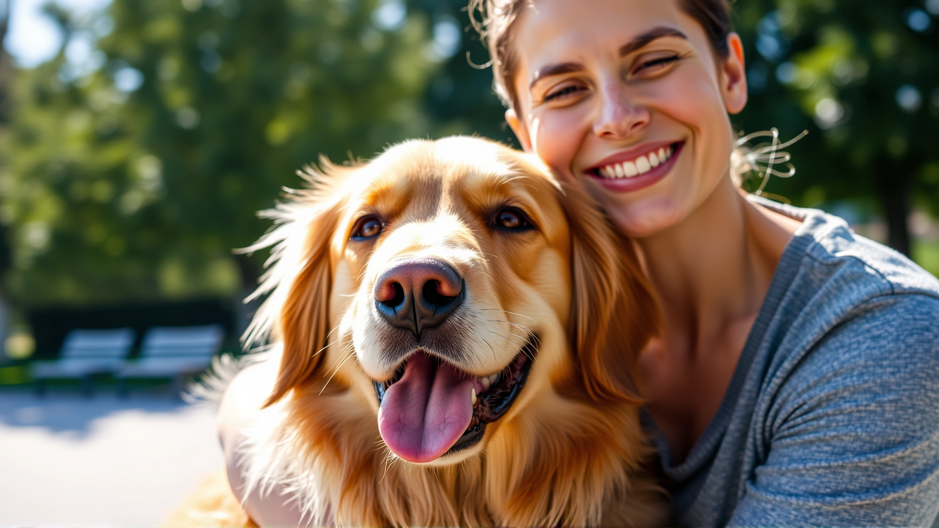 Close-up of a smiling pet parent hugging a healthy golden retriever in a sunny park