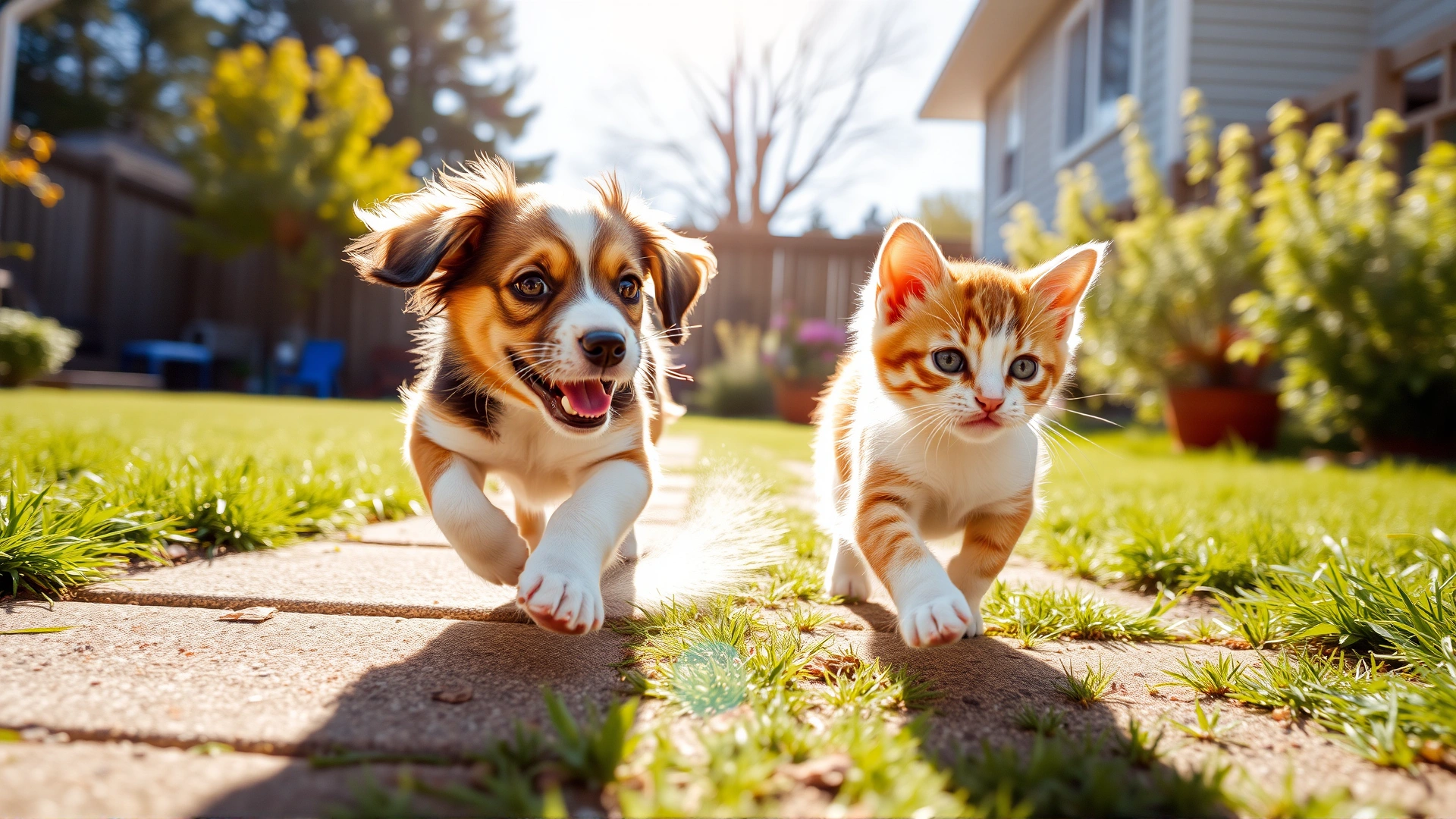 Playful puppy and kitten running together in a sunny backyard, symbolizing recovery and health