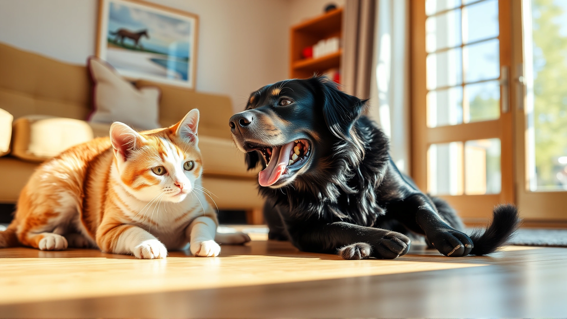 Healthy, energetic dog and cat playing together on a sunny living-room floor, symbolizing successful diabetes management