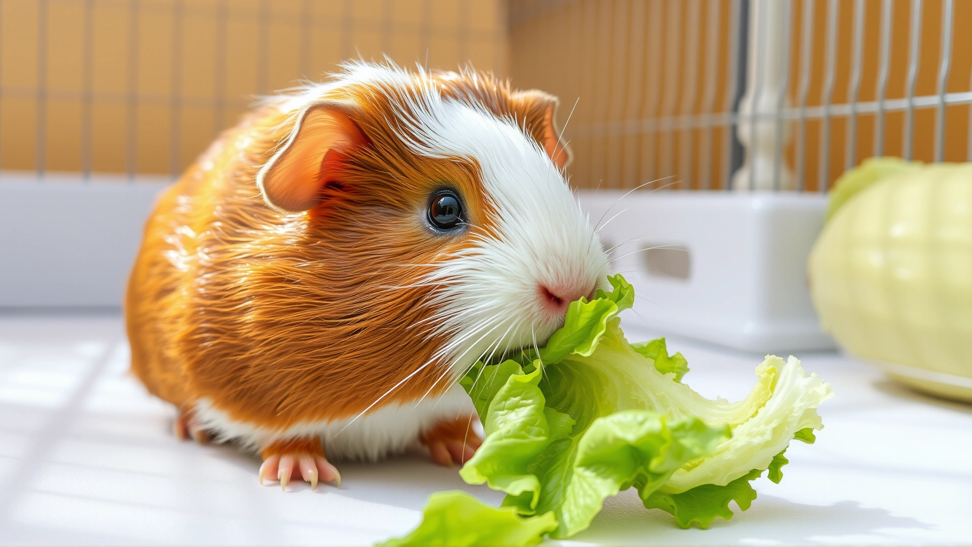 Healthy guinea pig with glossy fur eating a fresh piece of lettuce in a spotless cage, bright natural lighting