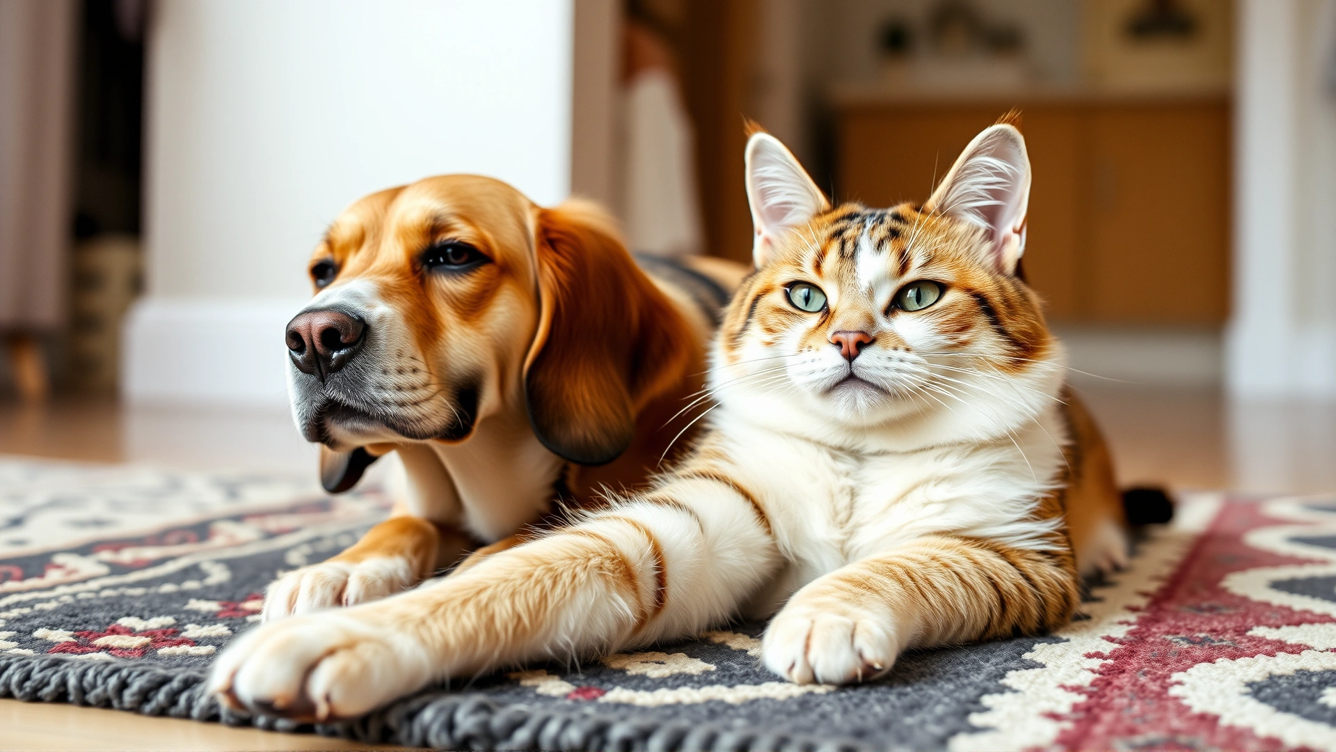 Content cat and dog sitting together on a rug looking healthy and relaxed after successful inhaler treatment.