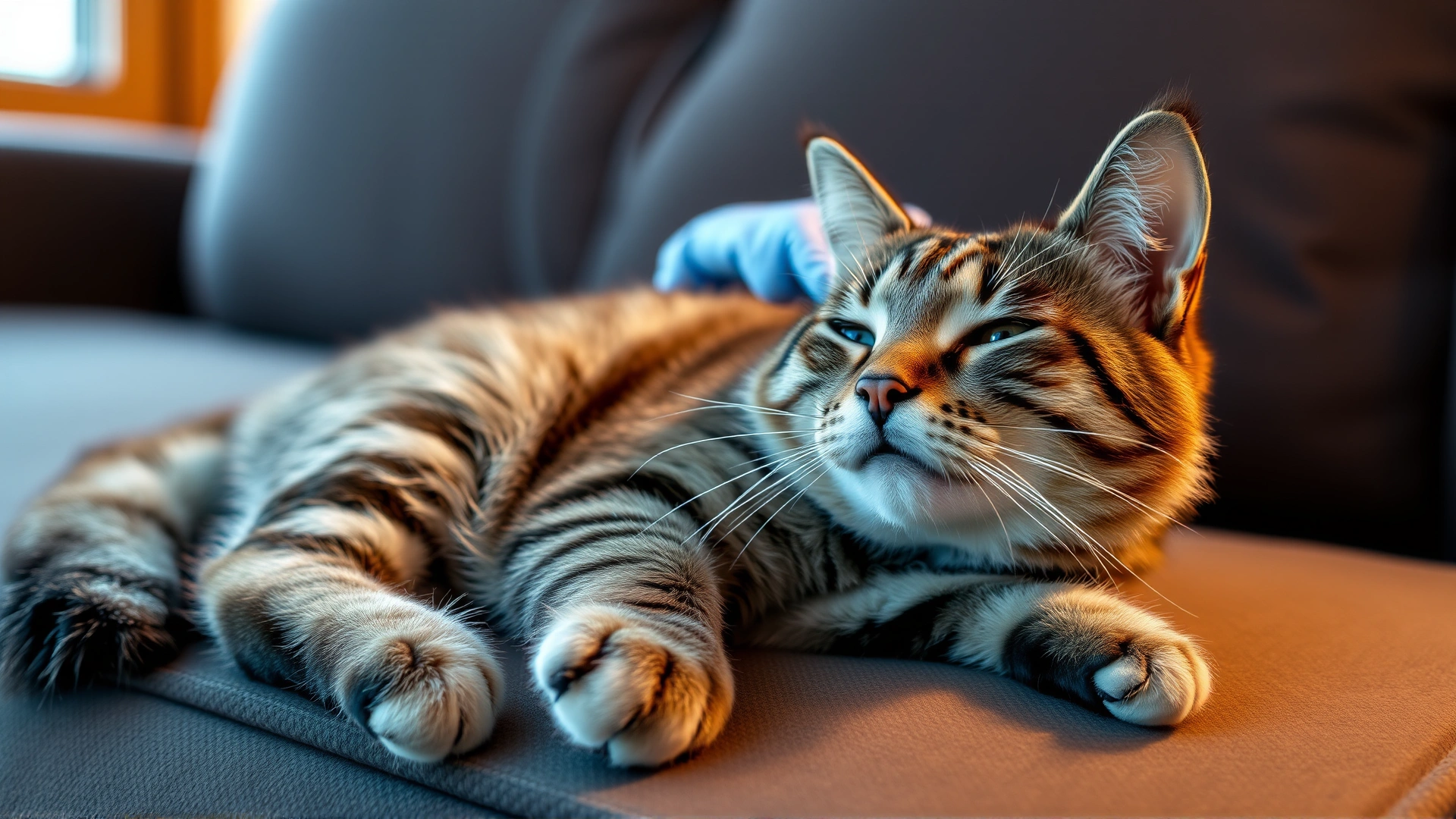 Healthy, relaxed tabby cat lounging on a couch after receiving treatment, looking content and hydrated, warm indoor lighting