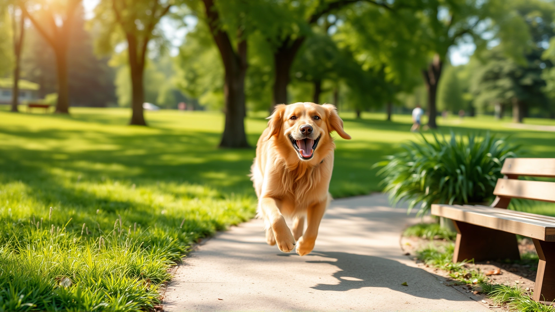 Energetic golden retriever running and smiling in a lush green park on a sunny day, representing vitality and good health