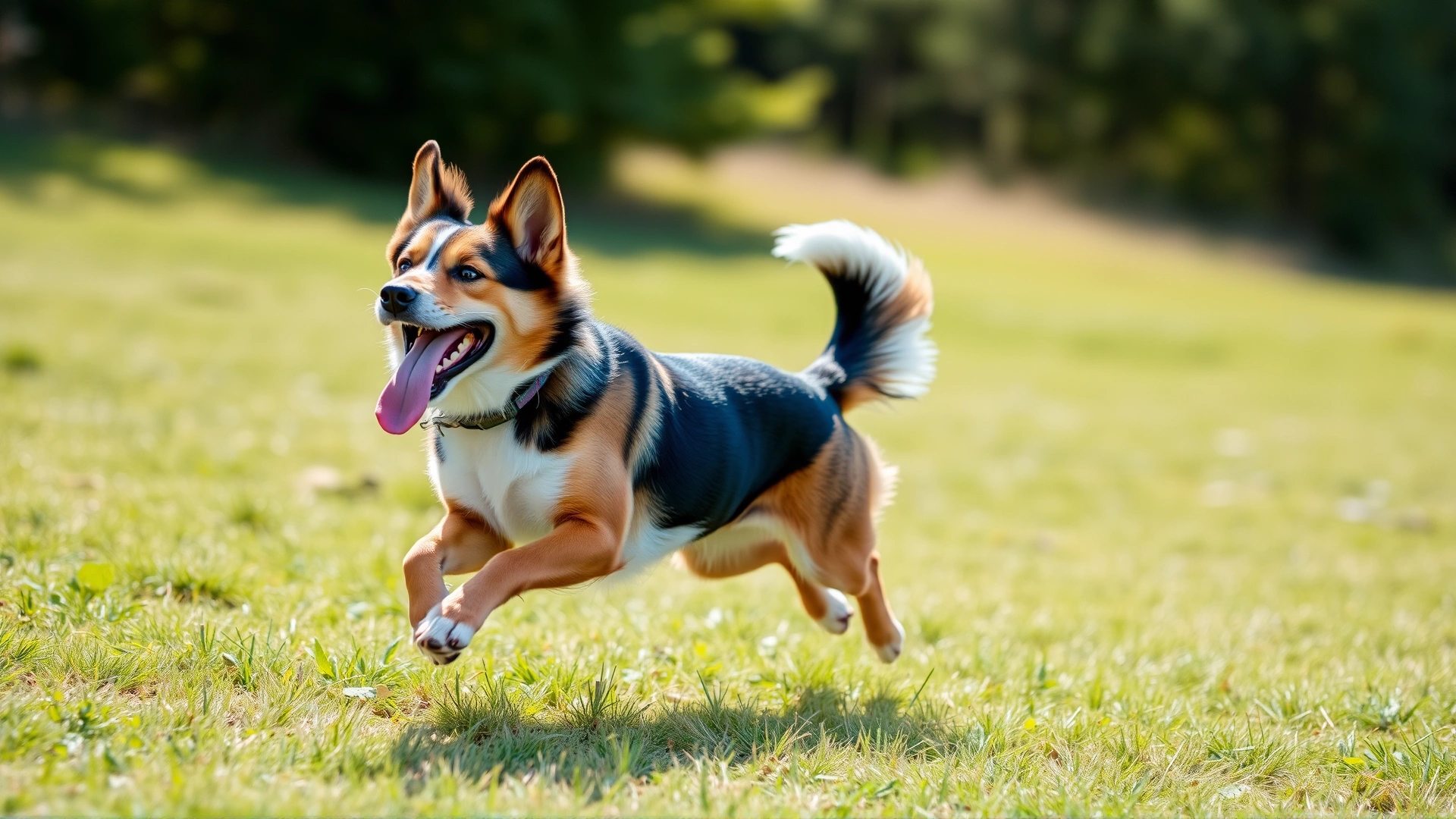 Energetic mixed-breed dog running joyfully across a grassy field under bright sunlight, representing a healthy insured pet.