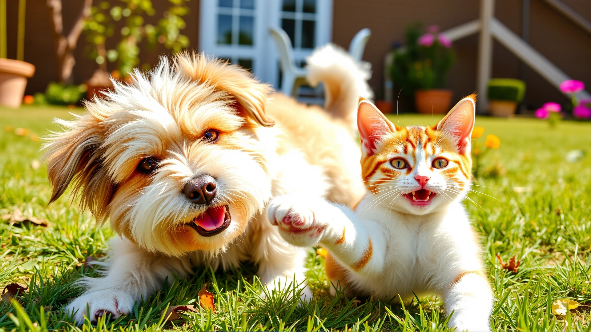 Healthy dog and cat playing together in a sunny backyard, vibrant colors, joyful mood