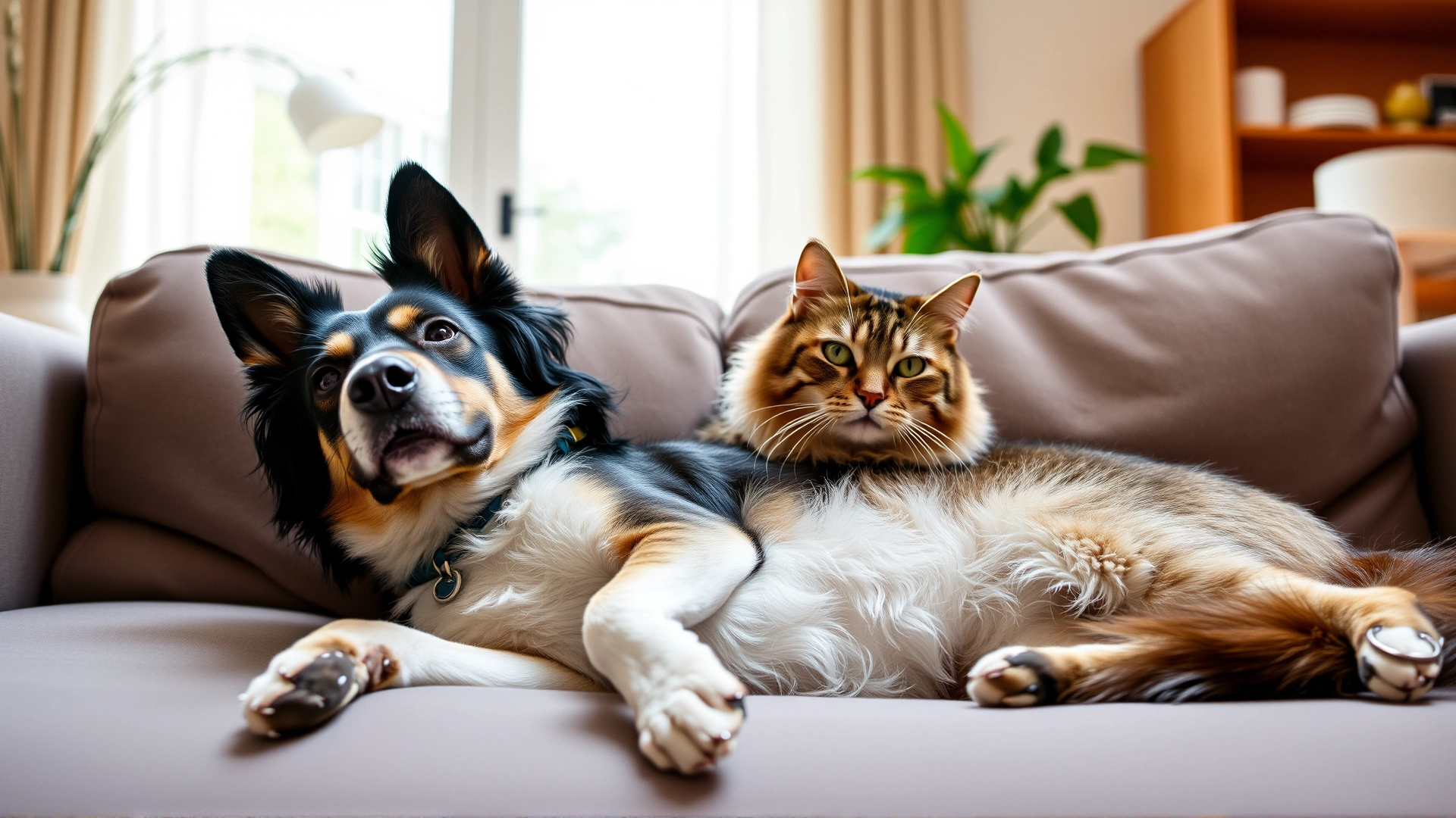 Healthy dog and cat lounging together on a sofa in bright living room, looking relaxed and safe