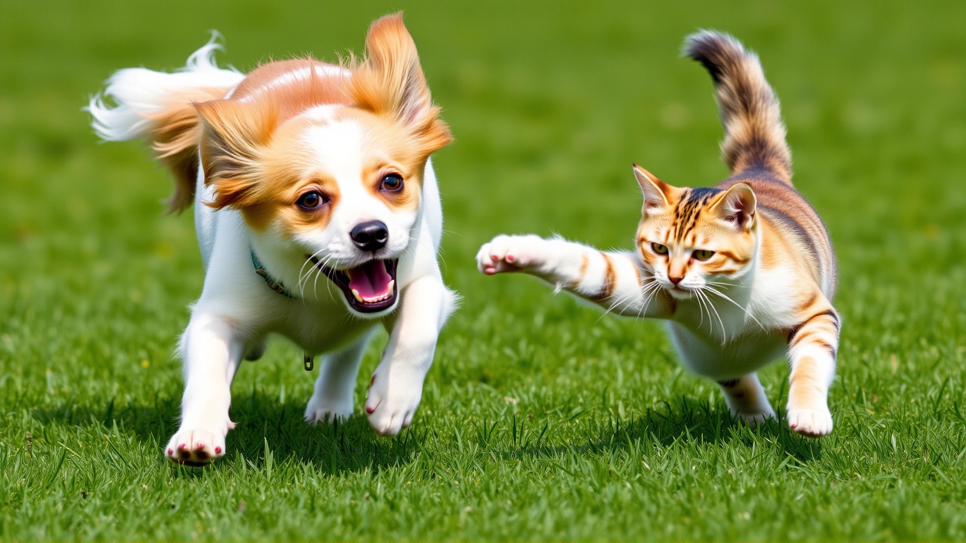 Playful dog and cat chasing each other across a green lawn on a bright day, both appearing healthy and energetic