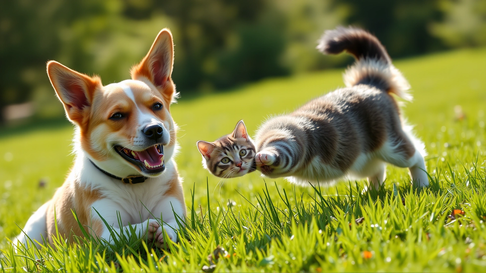 Healthy dog and cat playing together on green grass under bright sunlight, conveying wellbeing after heartworm prevention.