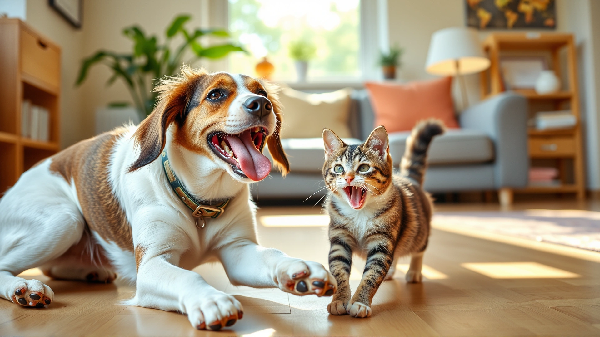 Healthy, energetic dog and cat playing together in a sunny living room, representing successful treatment.