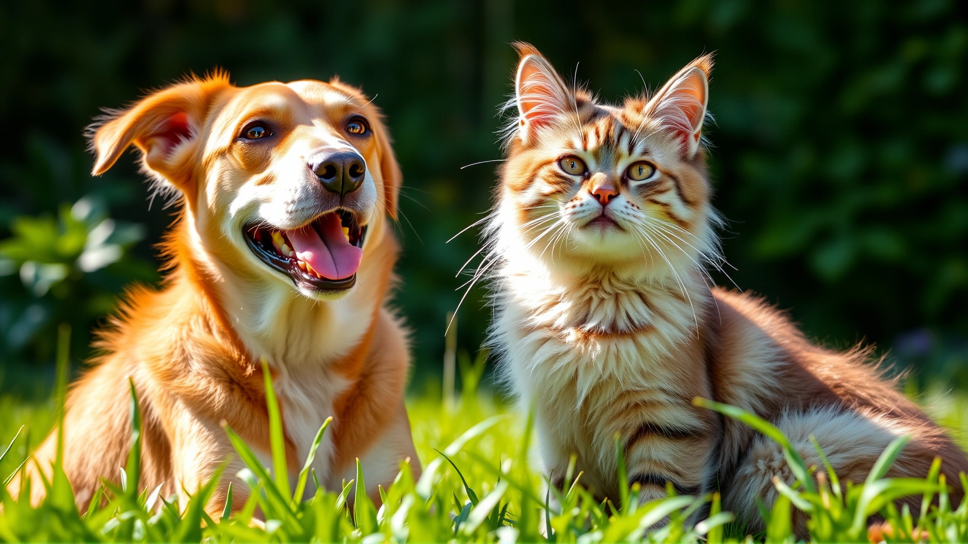 Healthy dog and cat sitting together in a green garden, looking energetic and well, sunlight background