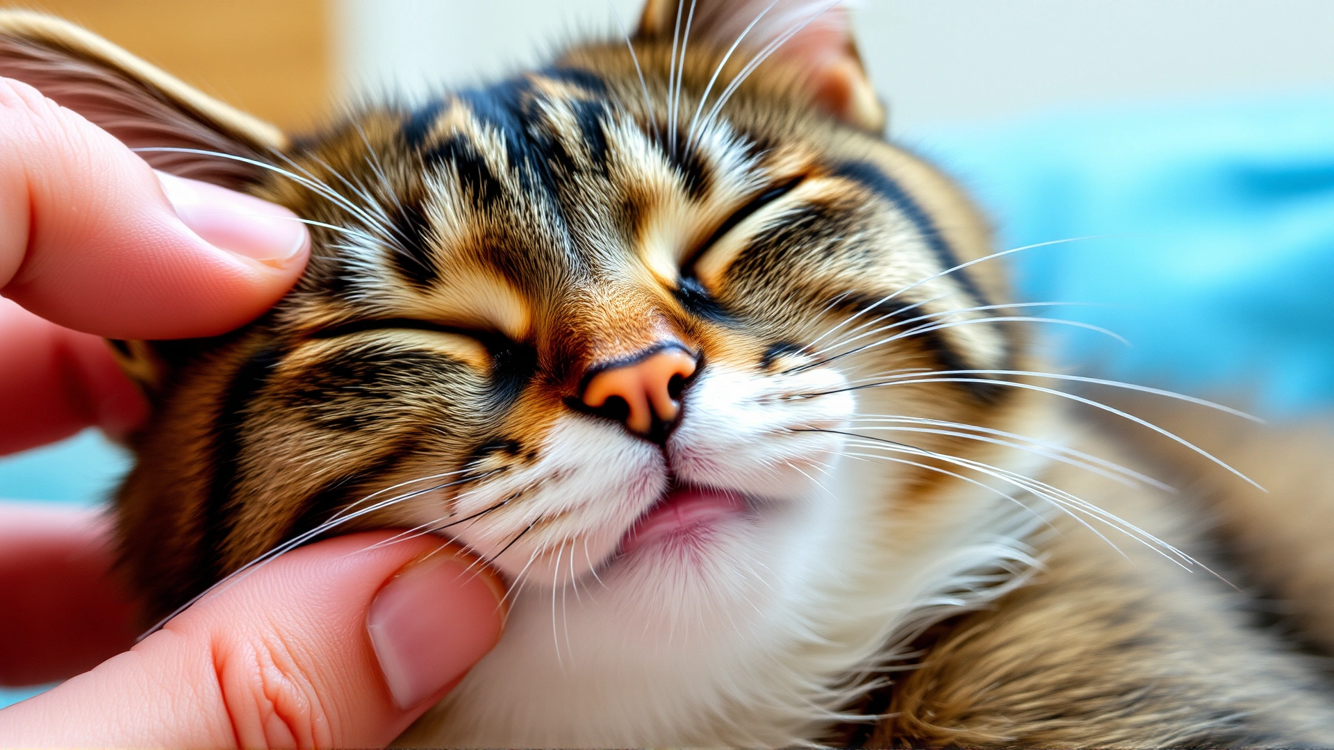 Close-up of a content cat being petted around the ear area, eyes half-closed, illustrating comfort after ear cleaning.