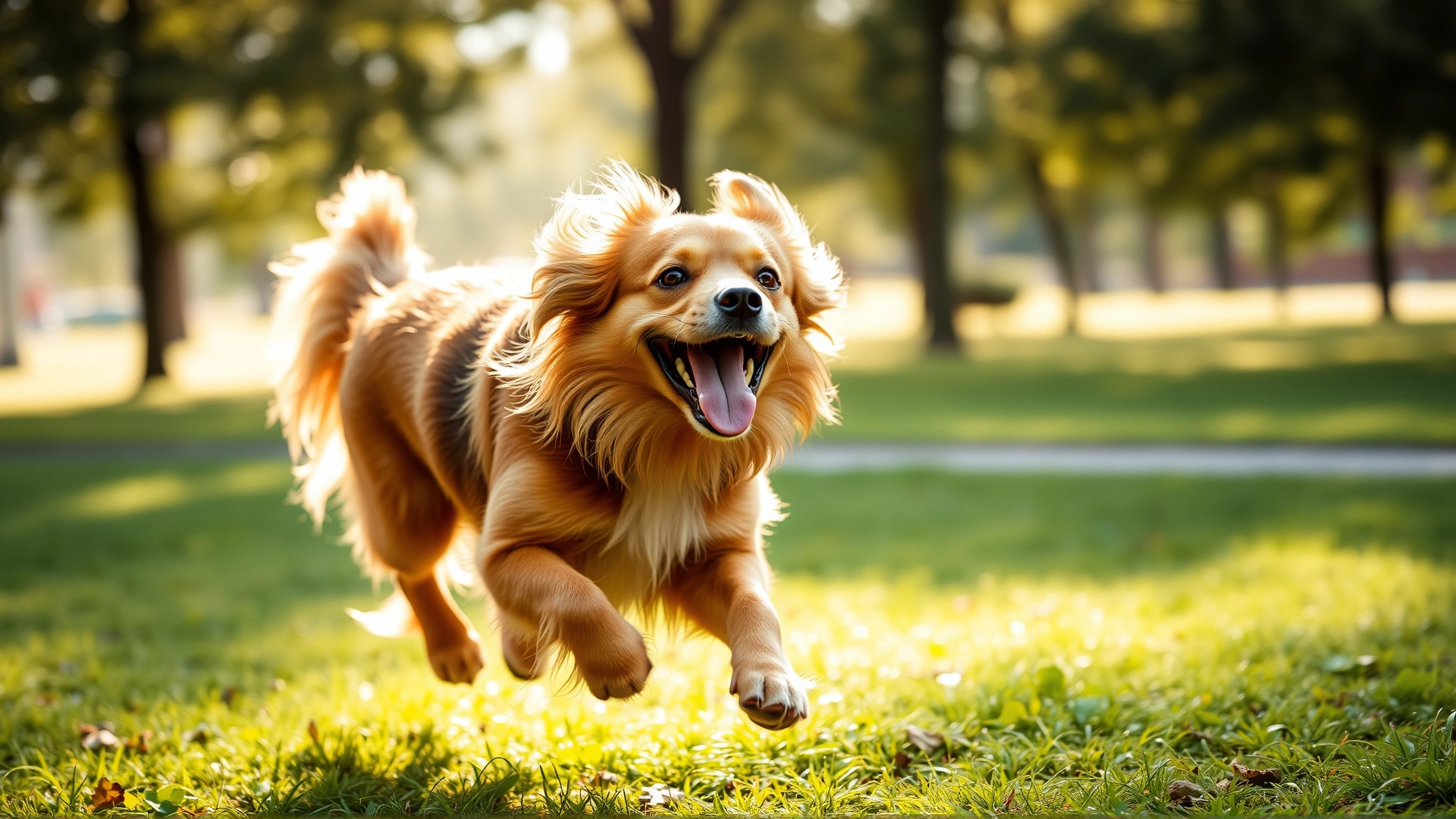 Healthy, energetic dog running in a sunlit park with a joyful expression, motion blur on background to emphasize activity.