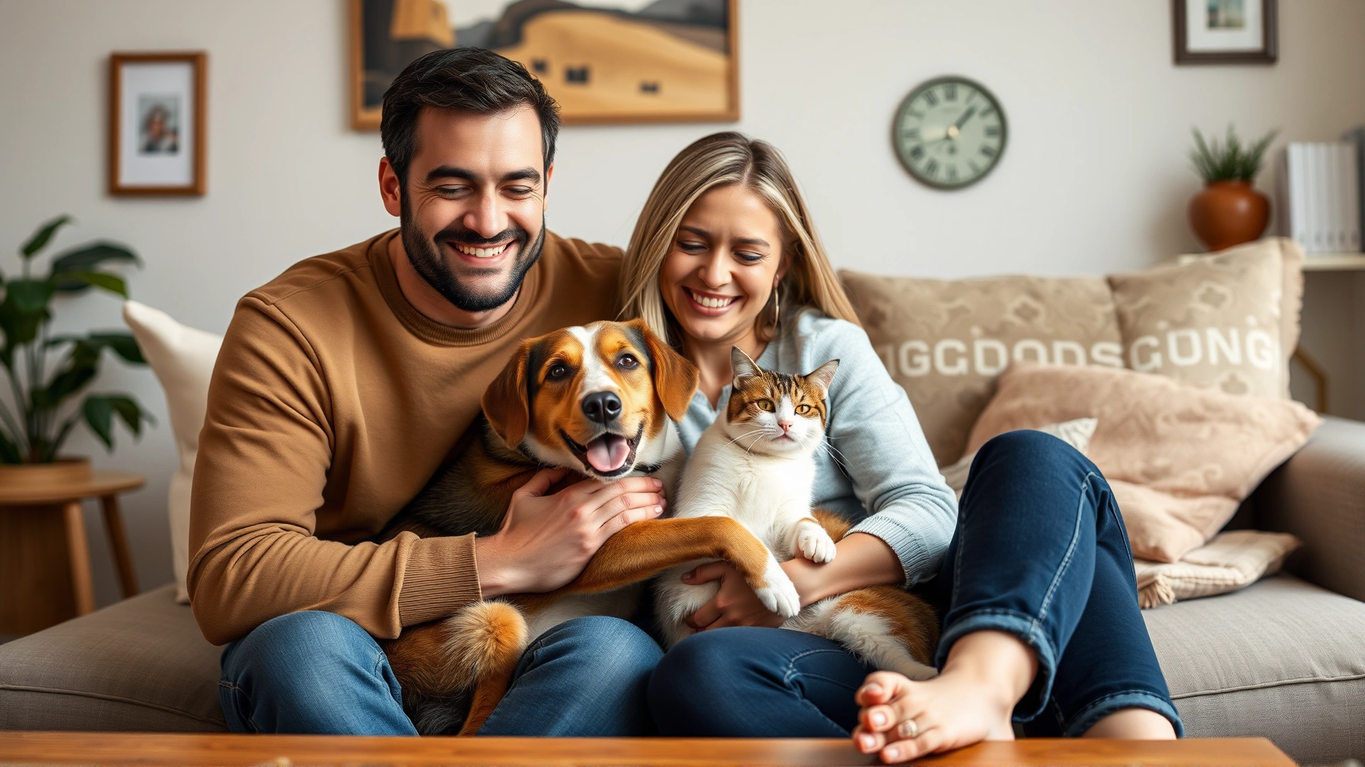 A smiling family in their living room cuddling a dog and a cat, conveying peace of mind after choosing pet insurance.