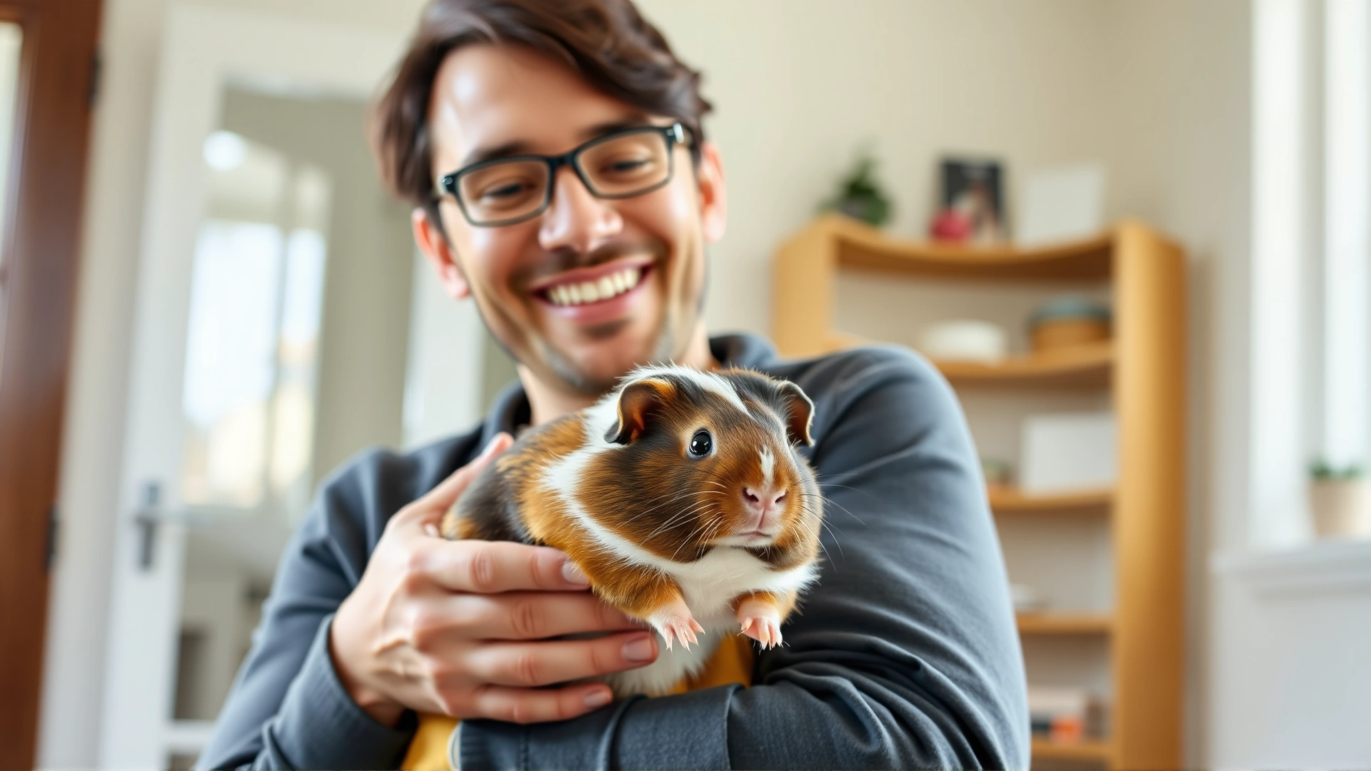 Lifestyle shot of a smiling pet owner holding a healthy guinea pig indoors with natural light.