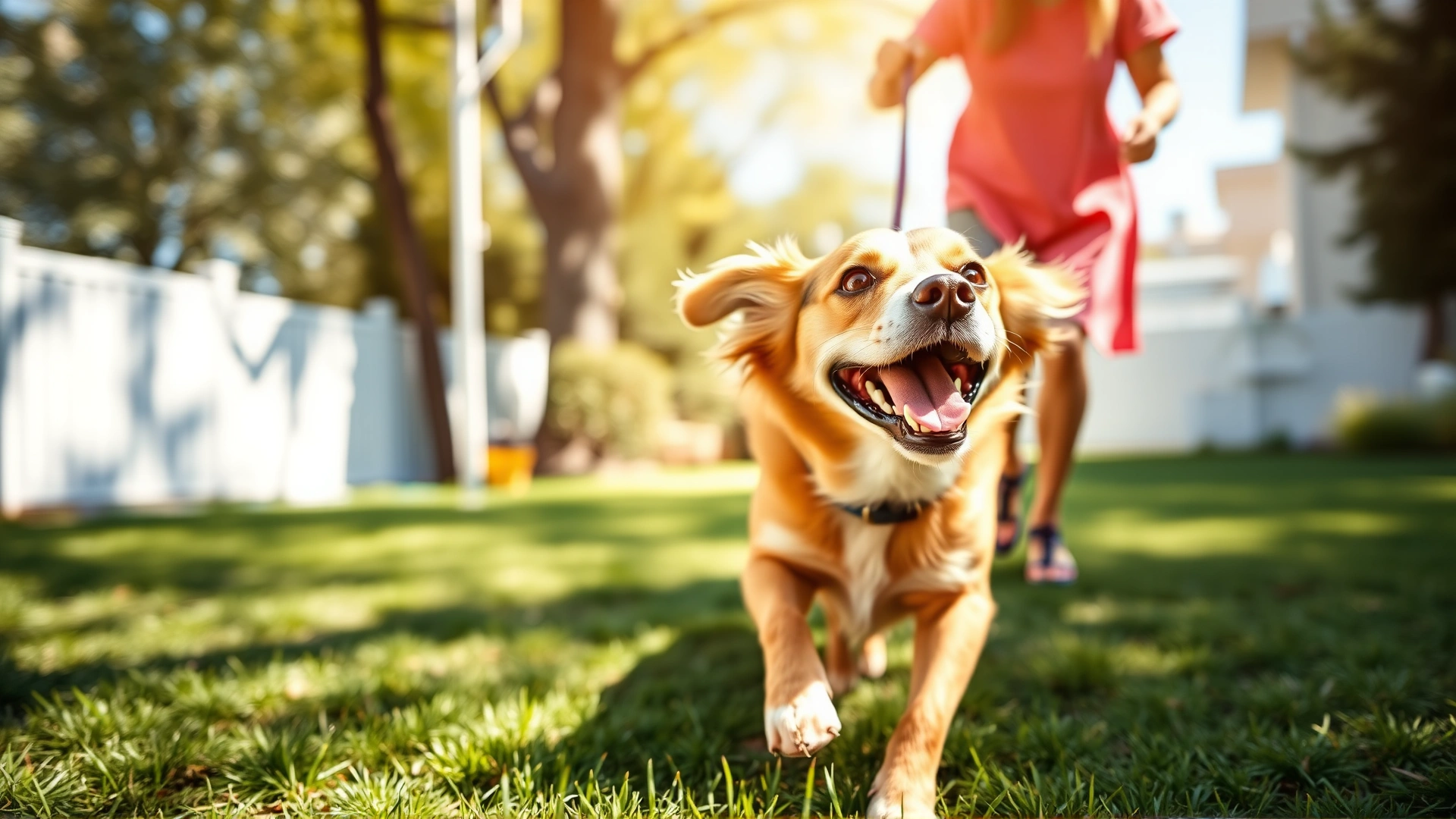 Happy dog running in a sunny backyard with its owner, illustrating positive outcome after treatment.