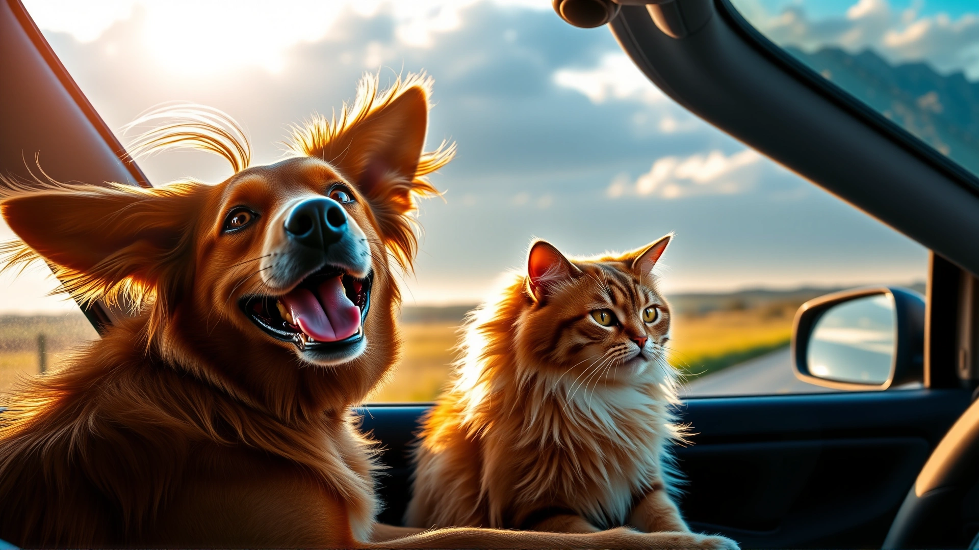 Happy dog with ears flapping in the wind and a calm cat sitting beside it during a countryside drive, golden hour lighting