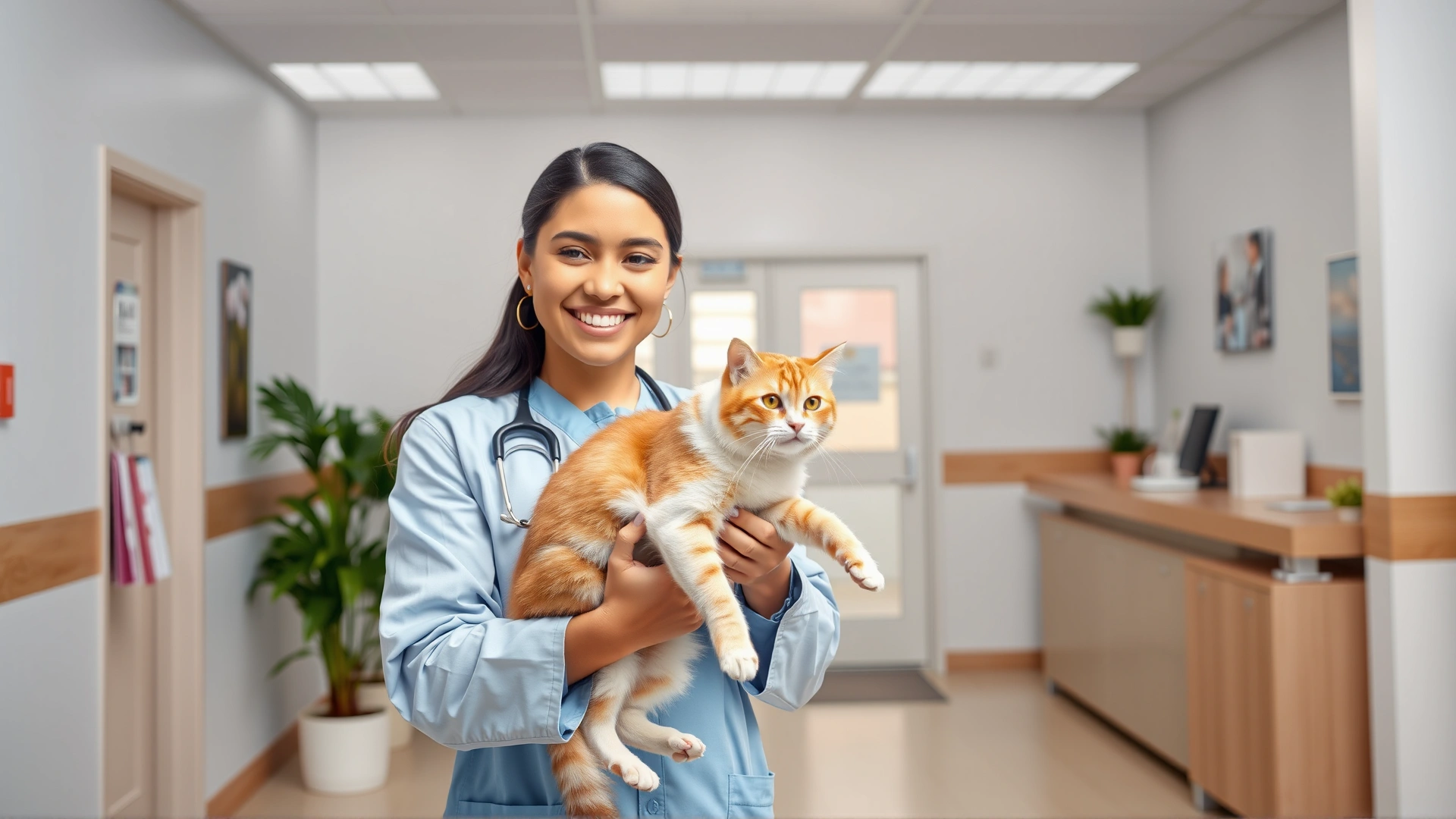 Smiling veterinarian handing a healthy cat back to its owner in the reception area of a bright veterinary clinic.