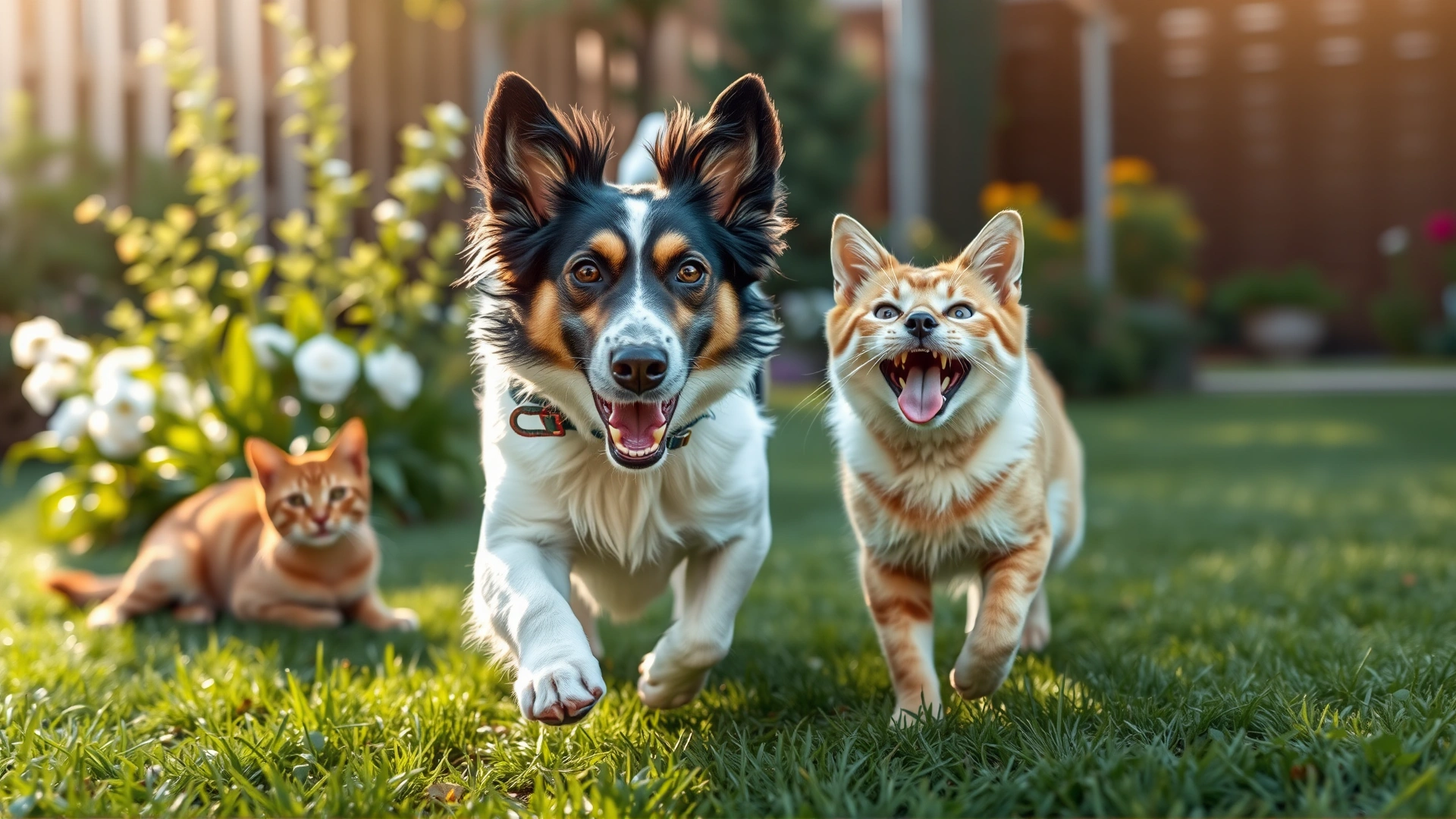 Cheerful outdoor scene of a healthy dog running beside a relaxed cat in a sunlit garden, conveying well-being and vitality.