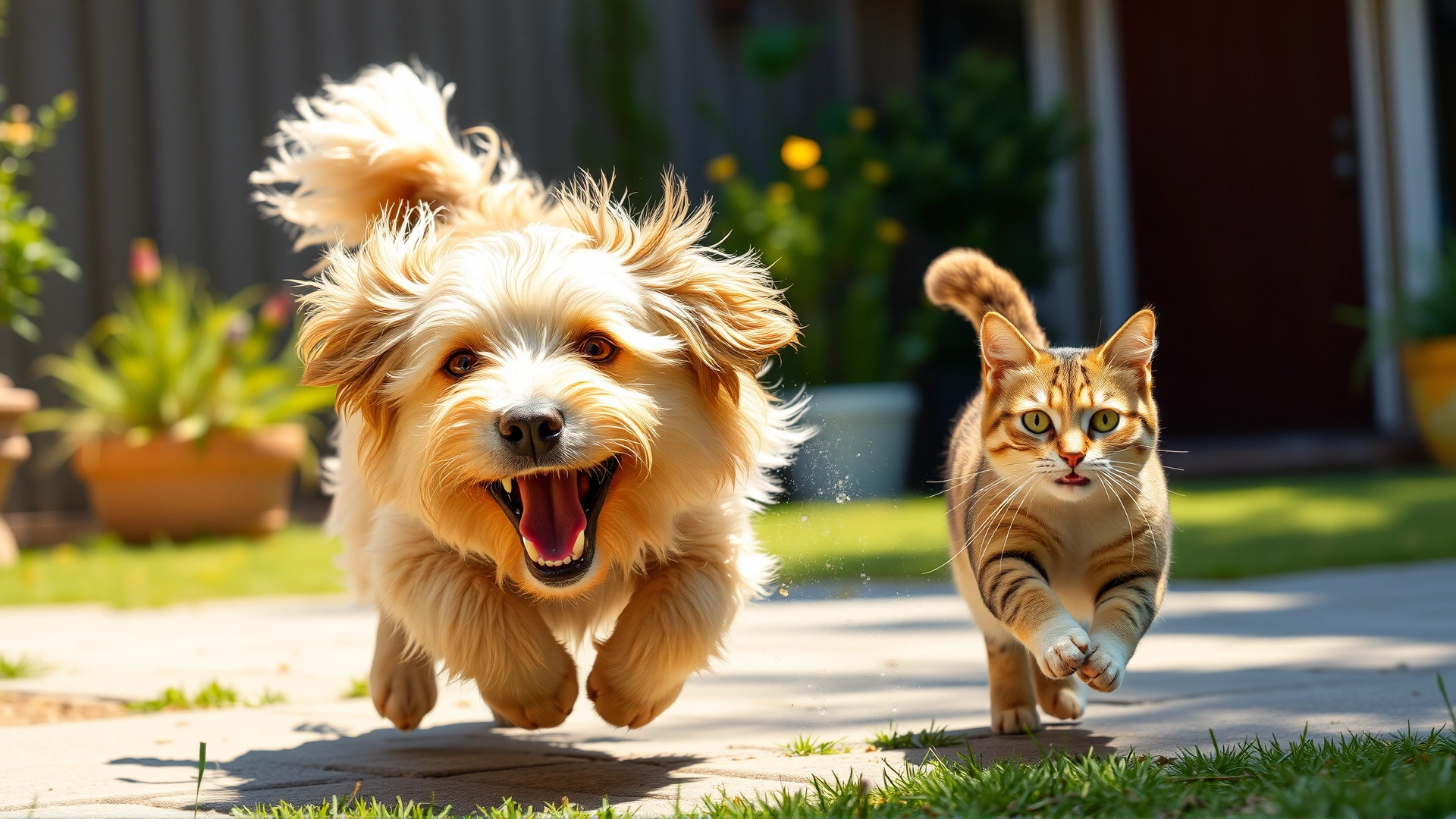 Energetic dog chasing a cat playfully in a sunny backyard, both looking healthy and happy.