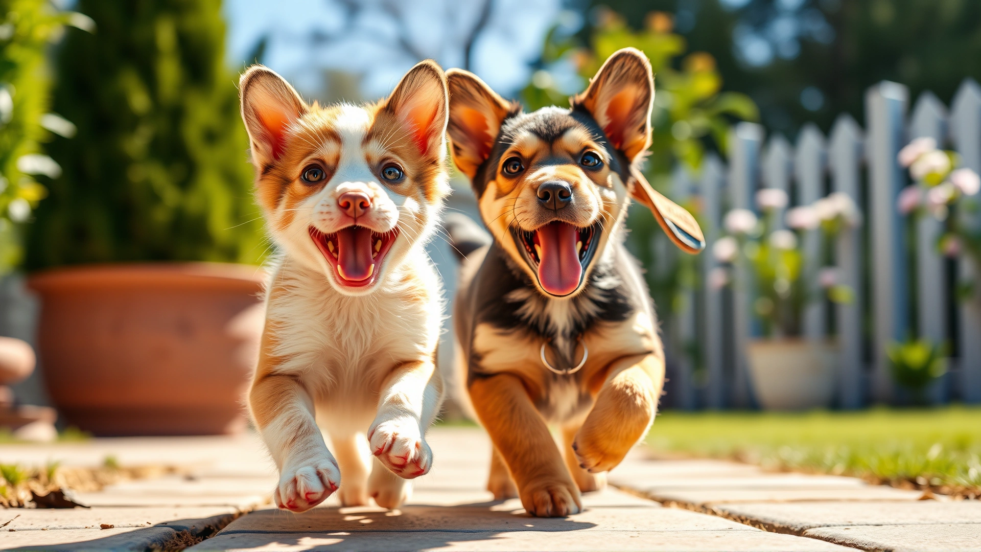 Playful kitten and puppy running together in a sunny backyard, symbolizing recovery and good health