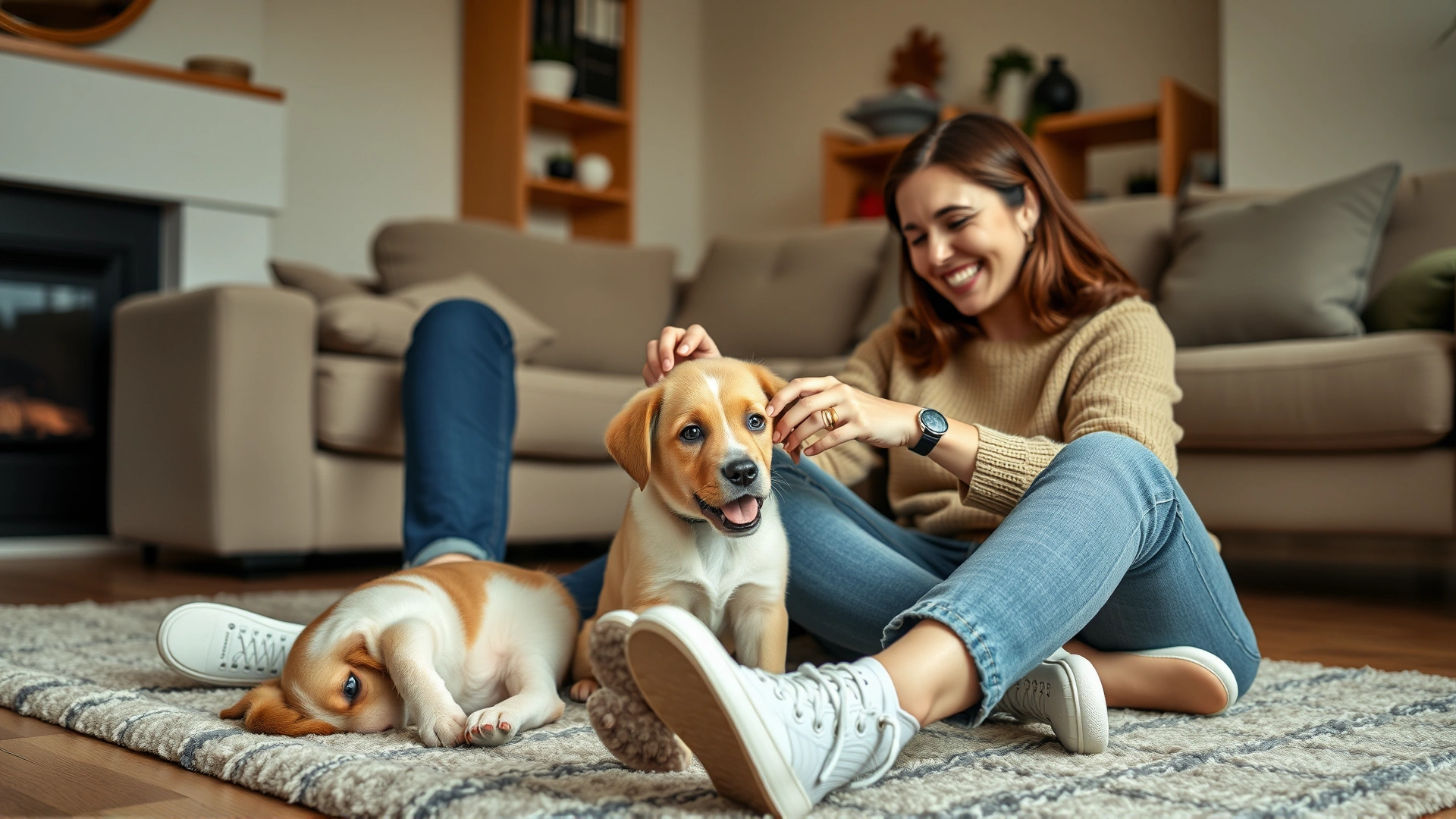 New dog owner sitting on a cozy living room floor playing with their newly adopted puppy, joyful atmosphere, no text.