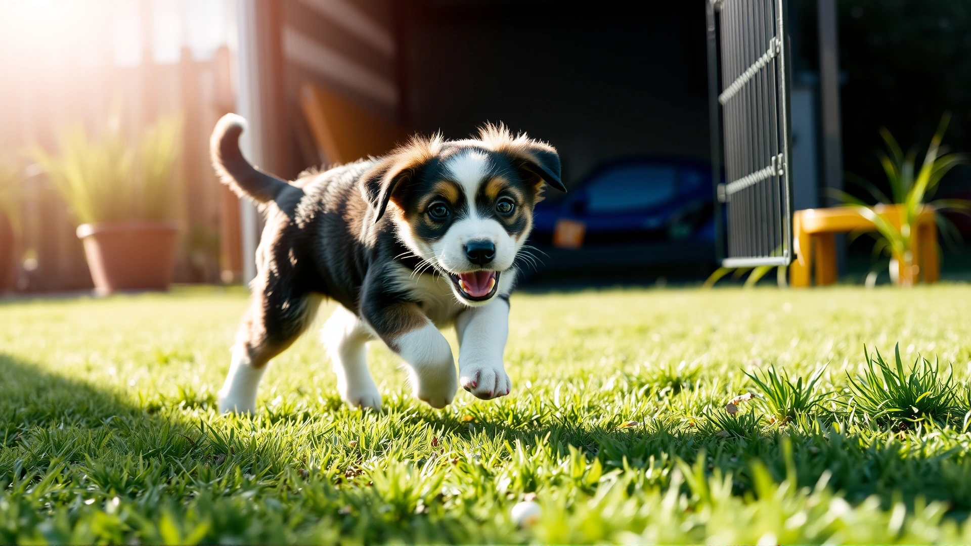 Energetic puppy running freely in a backyard after being released from the crate, sunlight and green grass in the background