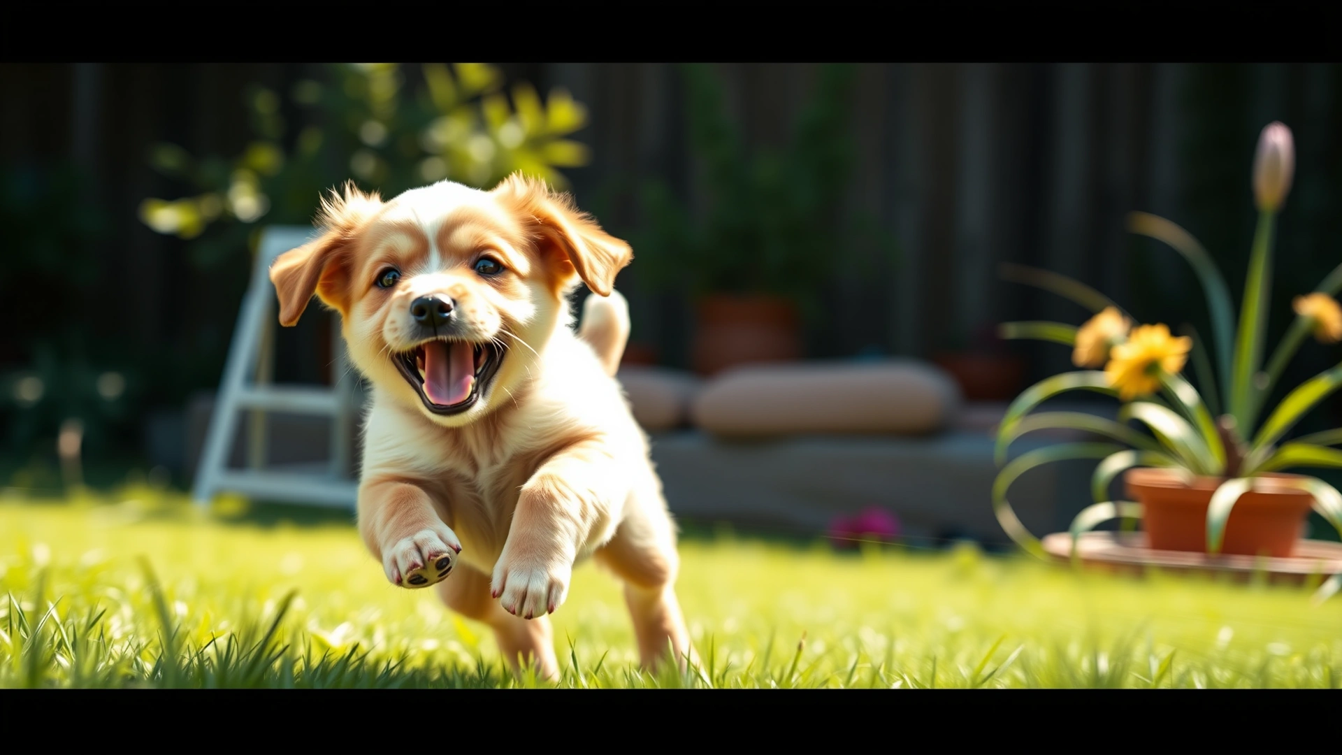 A joyful small puppy running and playing in a sunny backyard, motion blur, high-resolution, no text