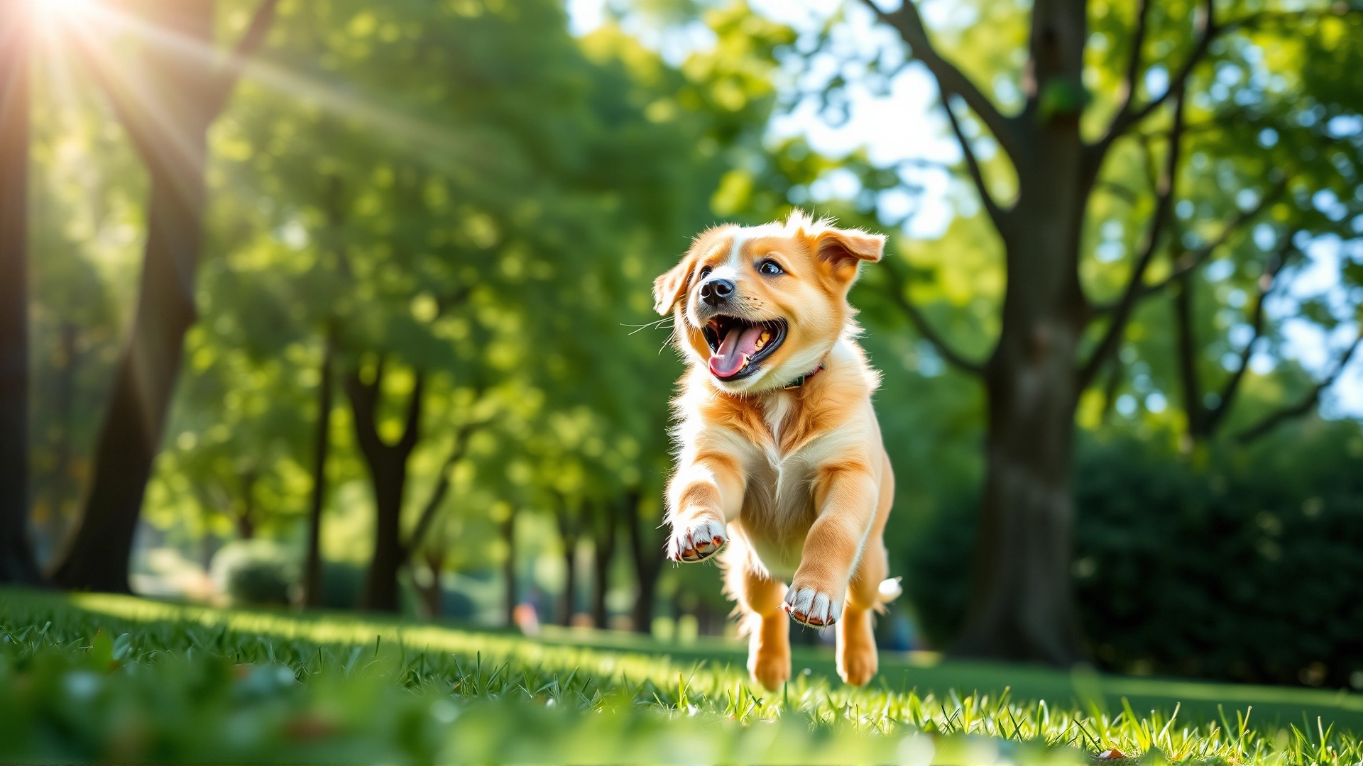Playful puppy jumping in a green park with sunlight filtering through trees, expressing health and joy.