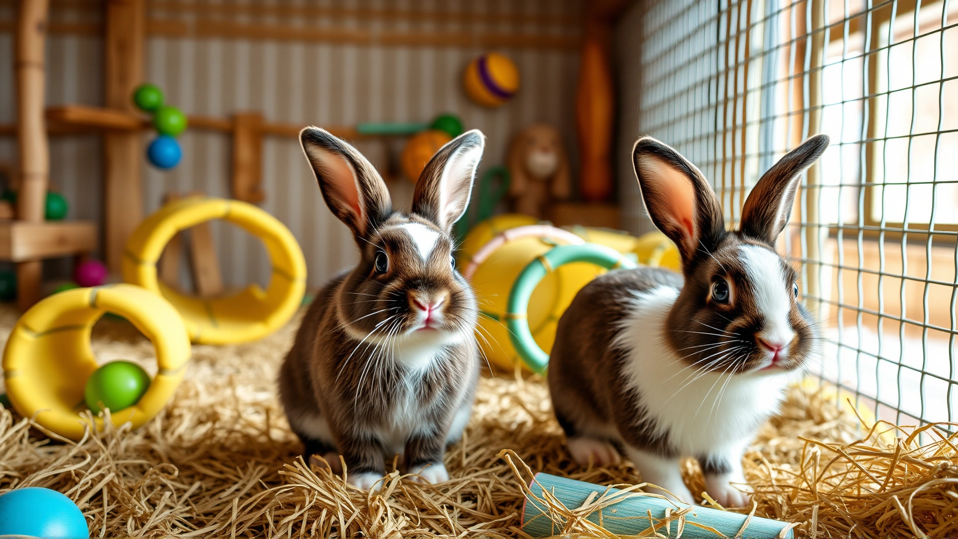 Two playful rabbits in a spacious pen equipped with tunnels, chew toys, and piles of hay, bright and friendly atmosphere