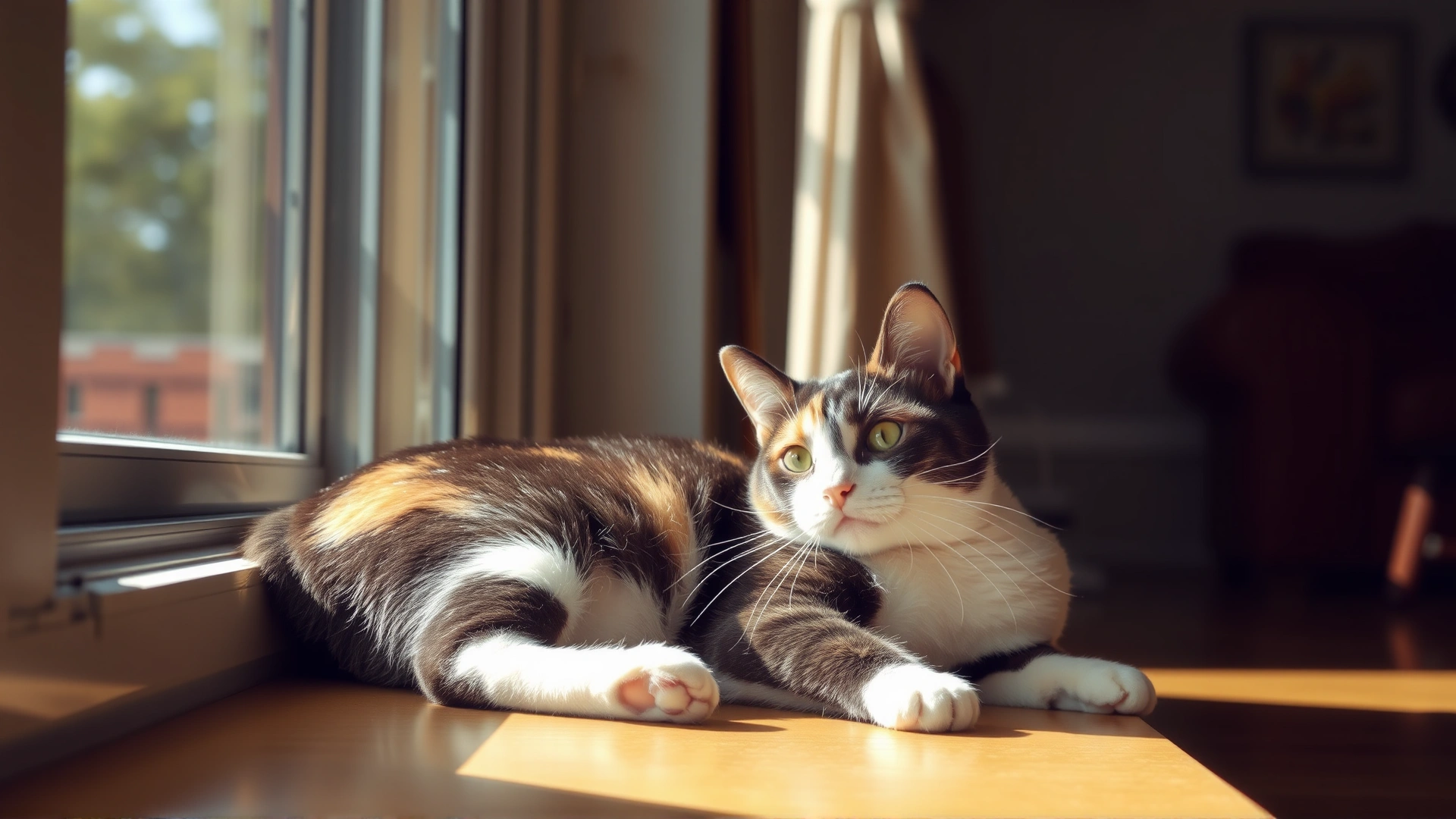 Playful calico cat basking in sunlight by a living room window, appearing healthy and content.