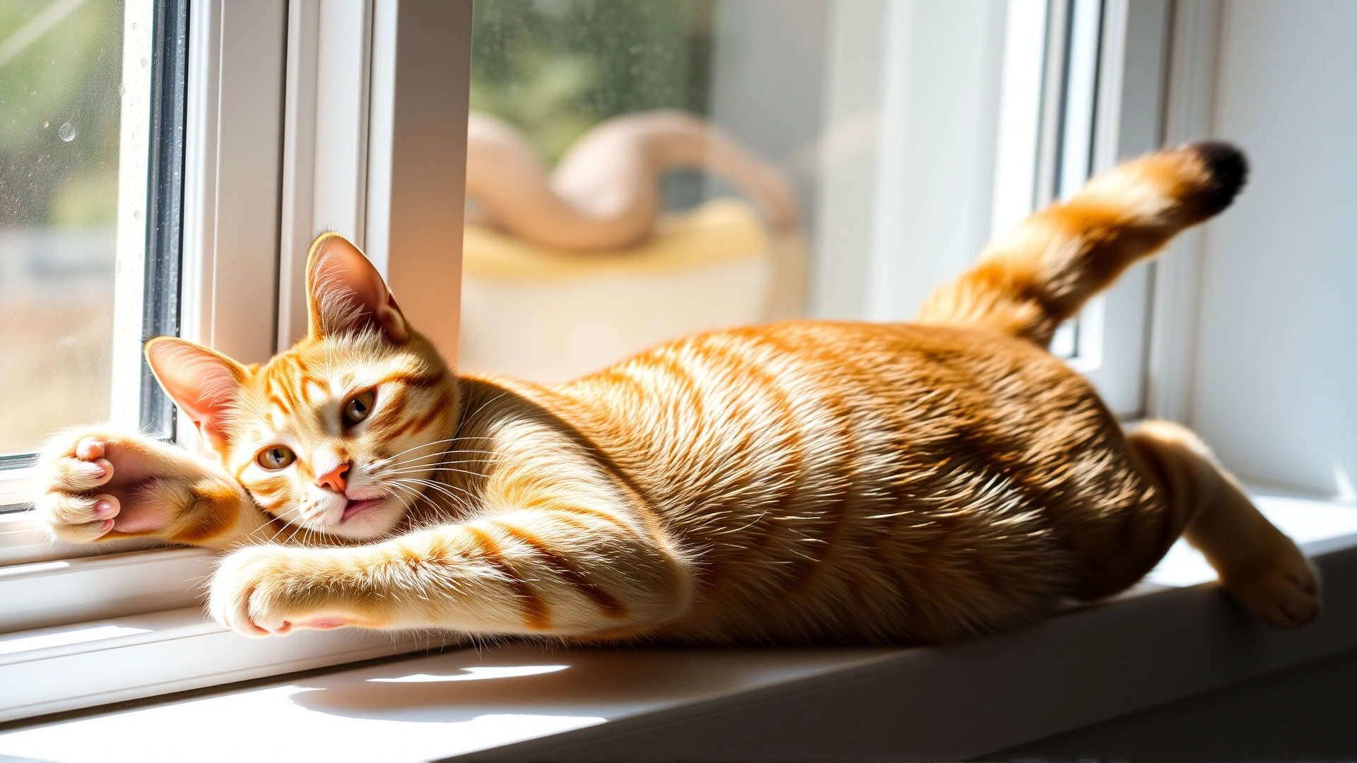 Playful cat stretching confidently on a sunny windowsill, looking healthy and energetic.