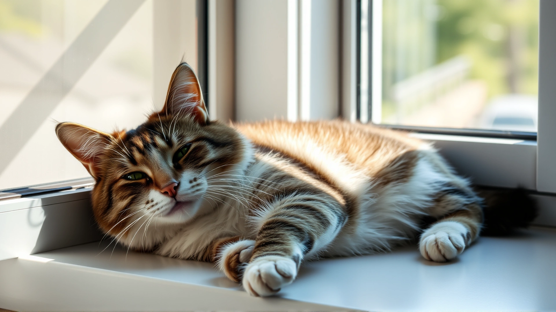 Healthy, relaxed cat lounging on a sunny windowsill, symbolizing successful recovery after treatment.